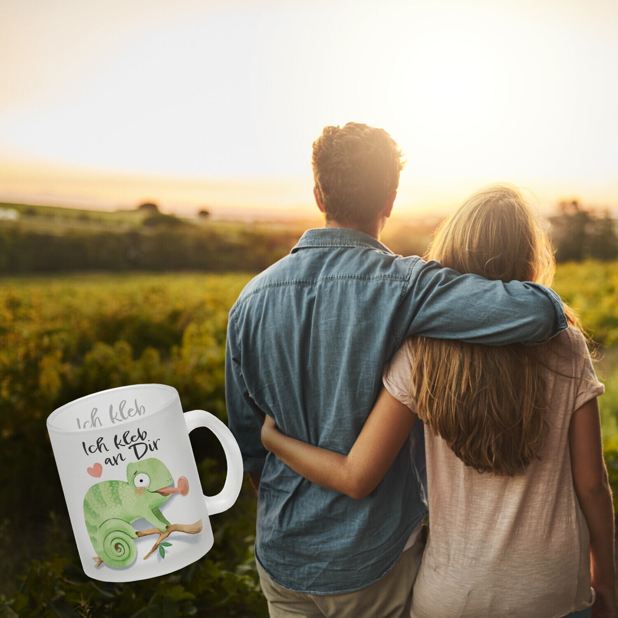 Chamäleon Kaffeebecher mit Spruch Ich kleb an dir