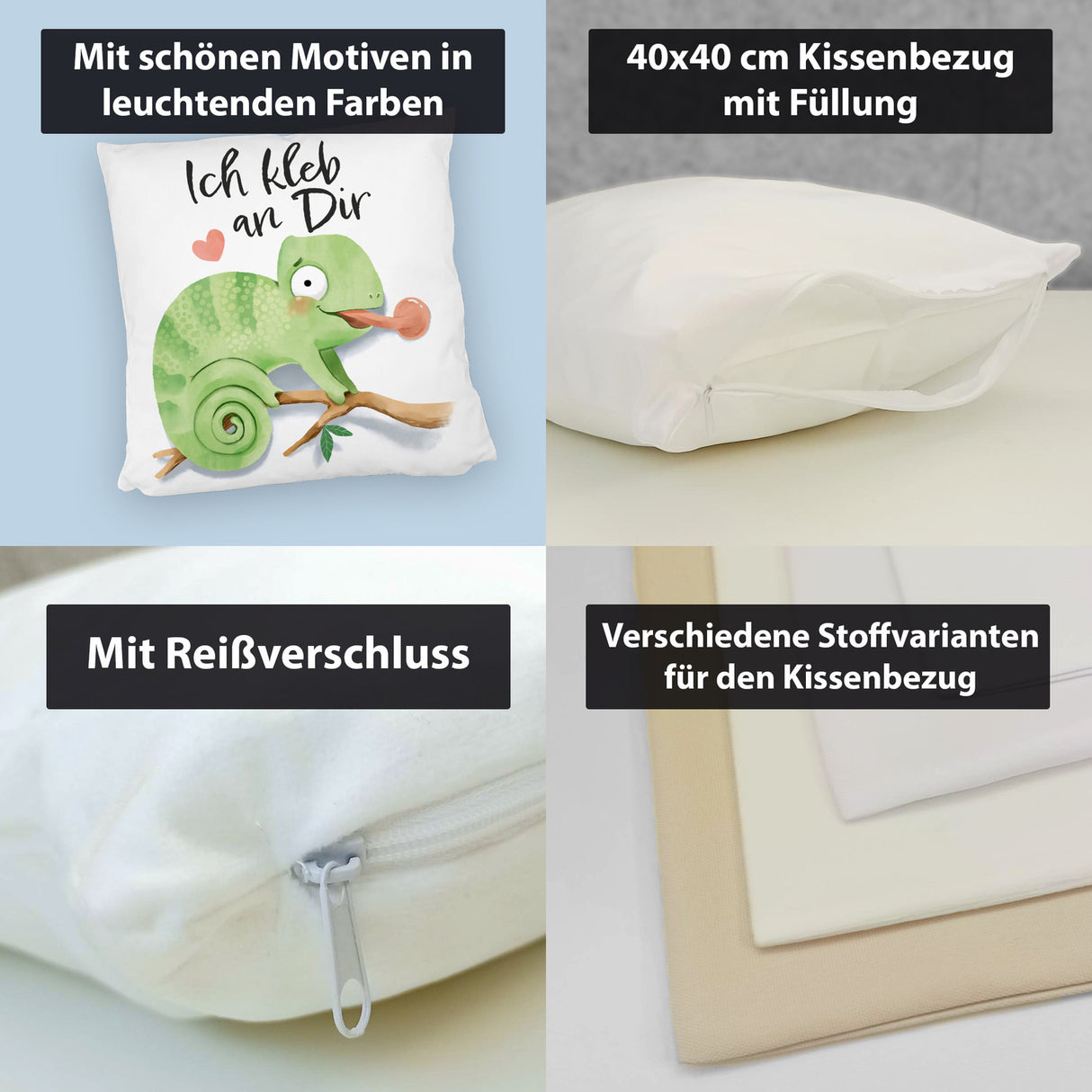 Chamäleon Kissen mit Spruch Ich kleb an dir