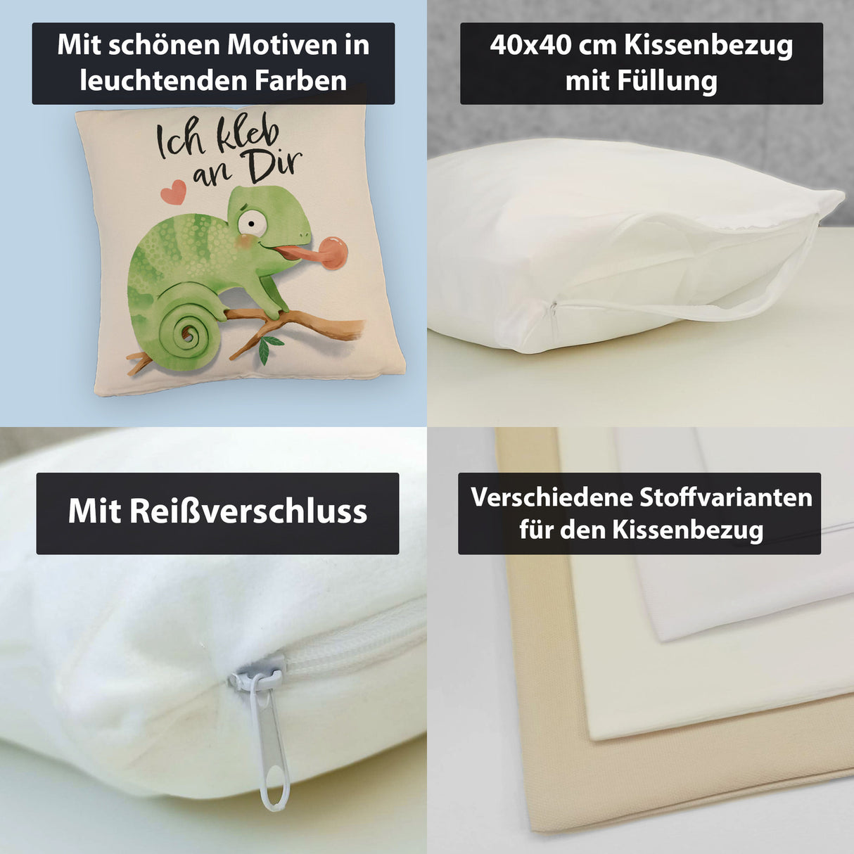 Chamäleon Kissen mit Spruch Ich kleb an dir
