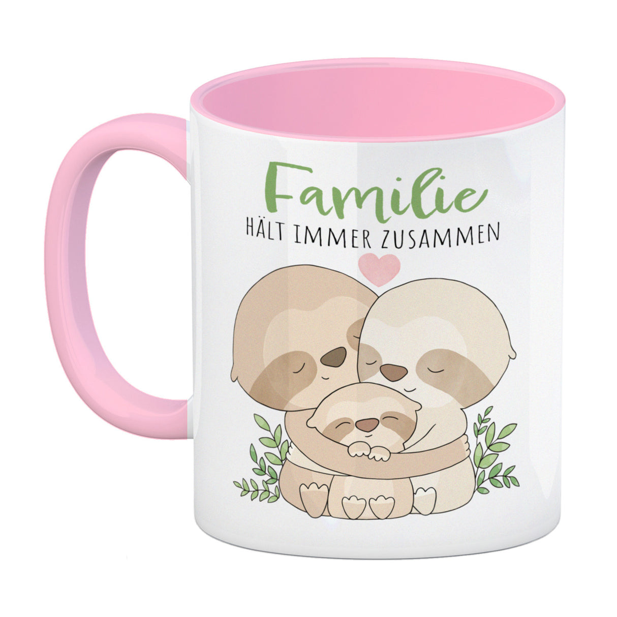 Faultier Familie Kaffeebecher mit Spruch Familie hält immer zusammen