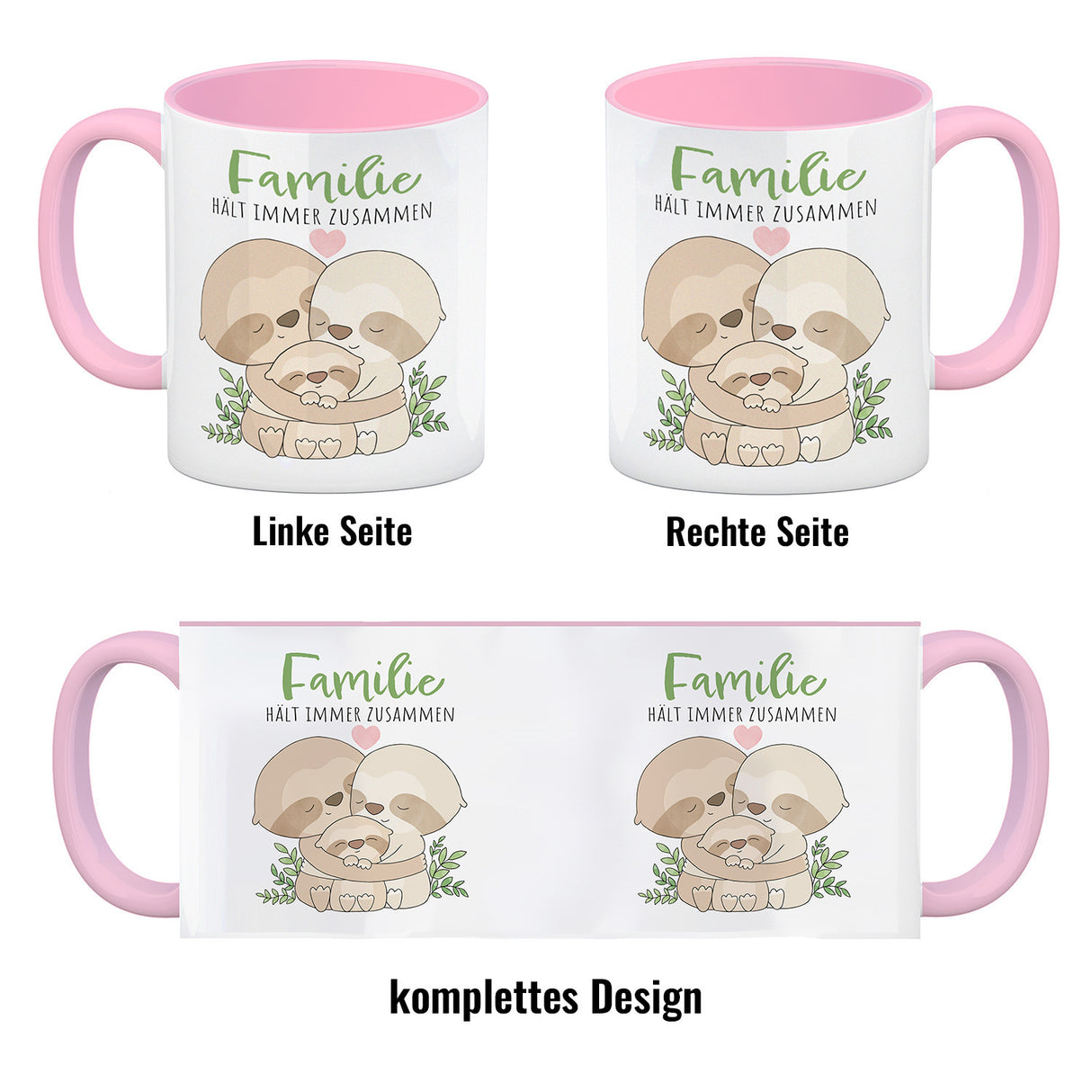 Faultier Familie Kaffeebecher mit Spruch Familie hält immer zusammen