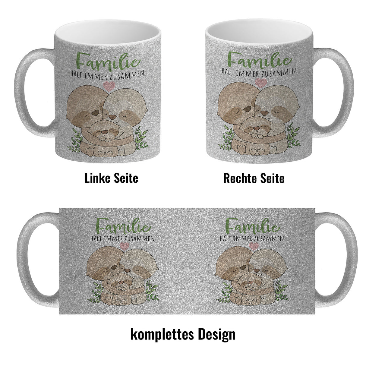 Faultier Familie Kaffeebecher mit Spruch Familie hält immer zusammen