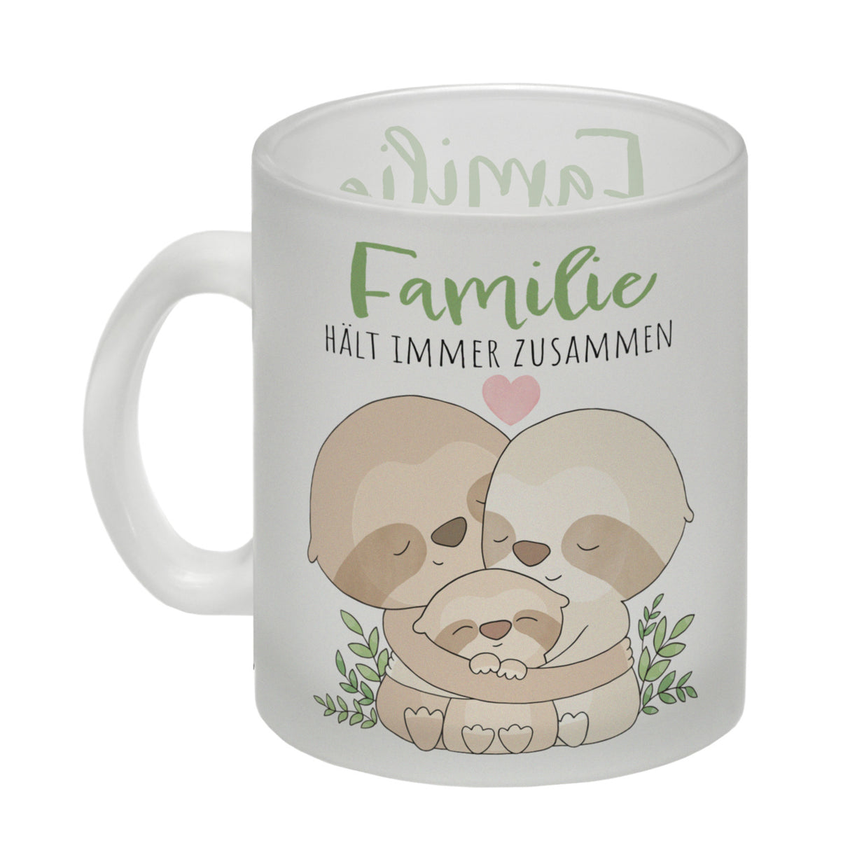 Faultier Familie Kaffeebecher mit Spruch Familie hält immer zusammen