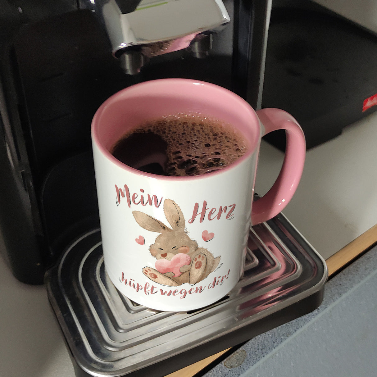 Hase Kaffeebecher mit Spruch Mein Herz hüpft wegen dir