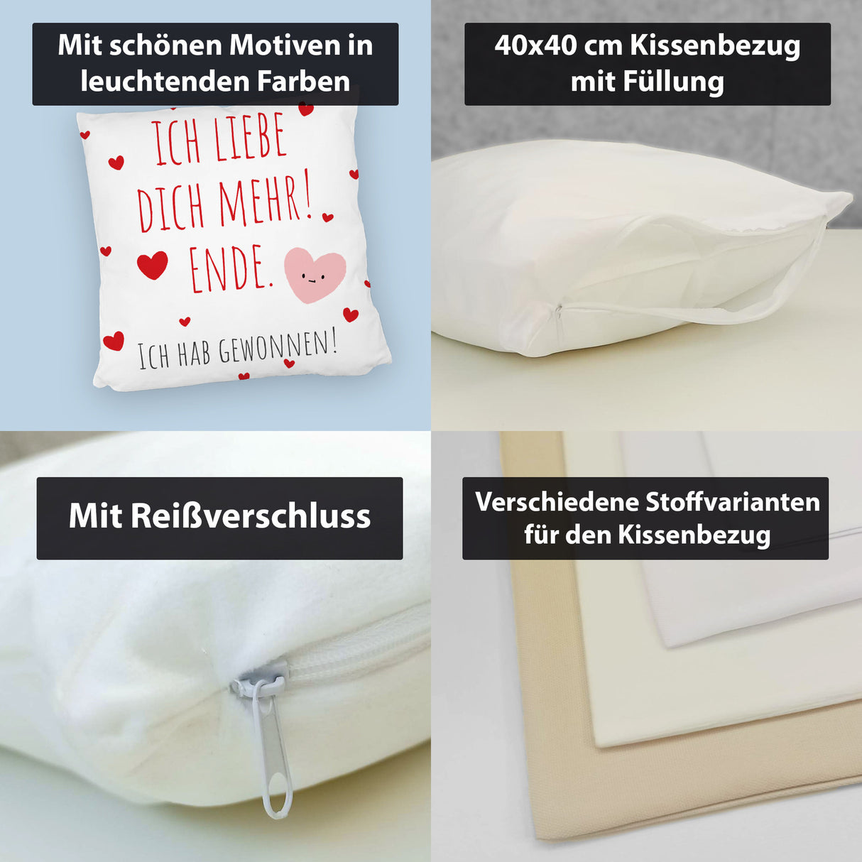 Herzen Kissen mit Spruch Ich liebe dich mehr! Ende.