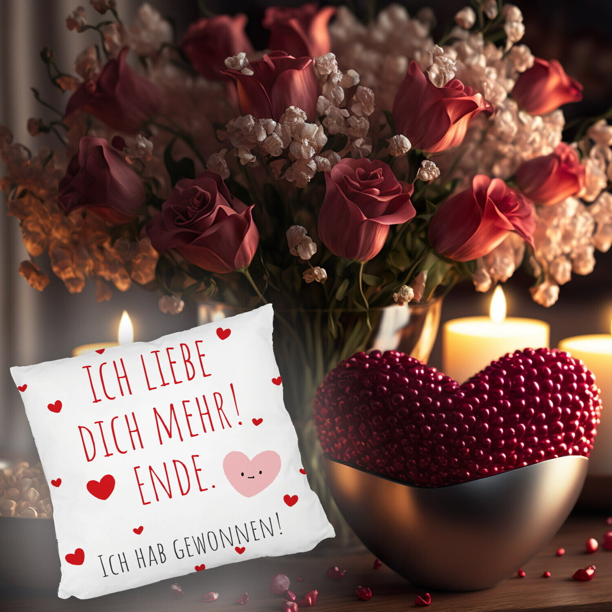 Herzen Kissen mit Spruch Ich liebe dich mehr! Ende.