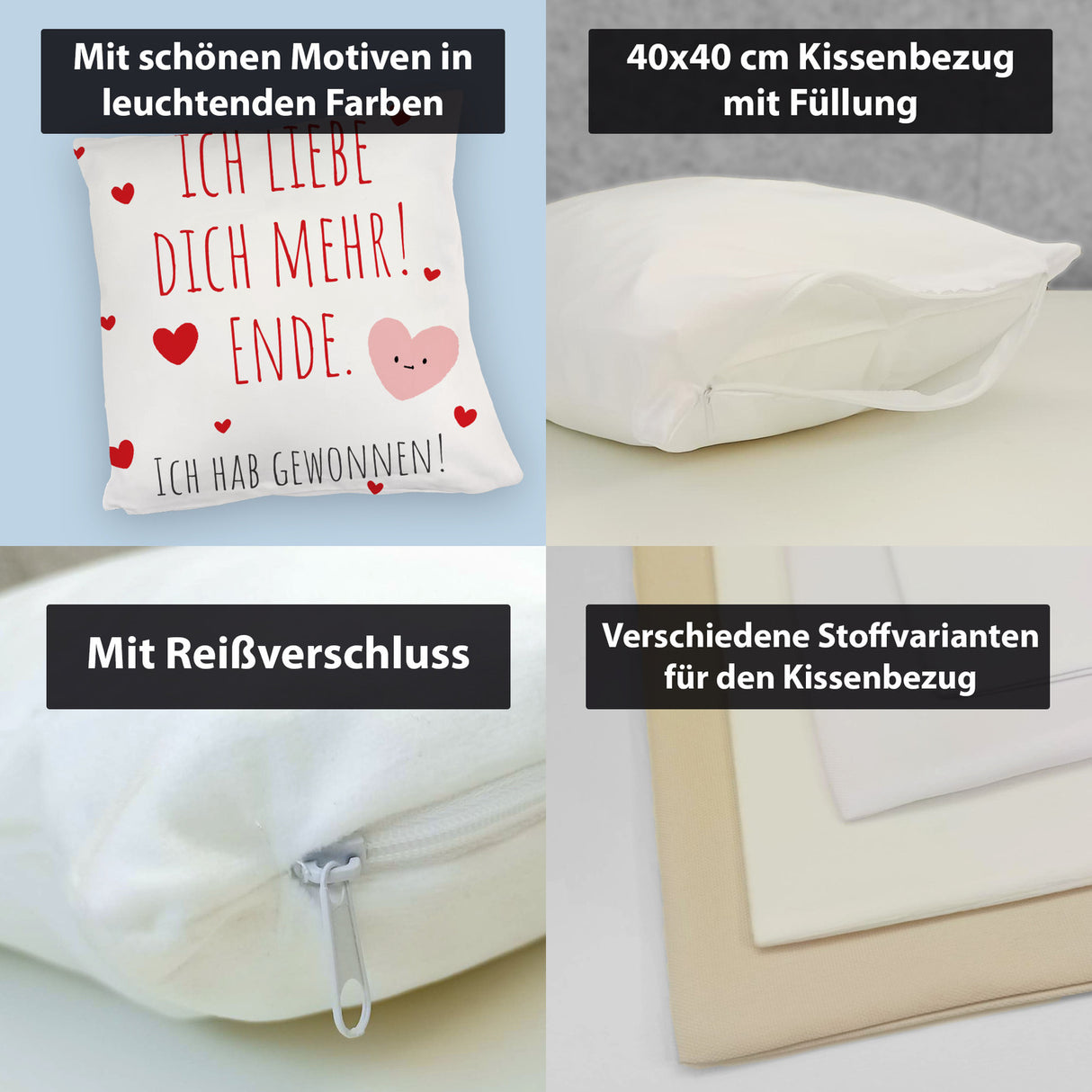 Herzen Kissen mit Spruch Ich liebe dich mehr! Ende.