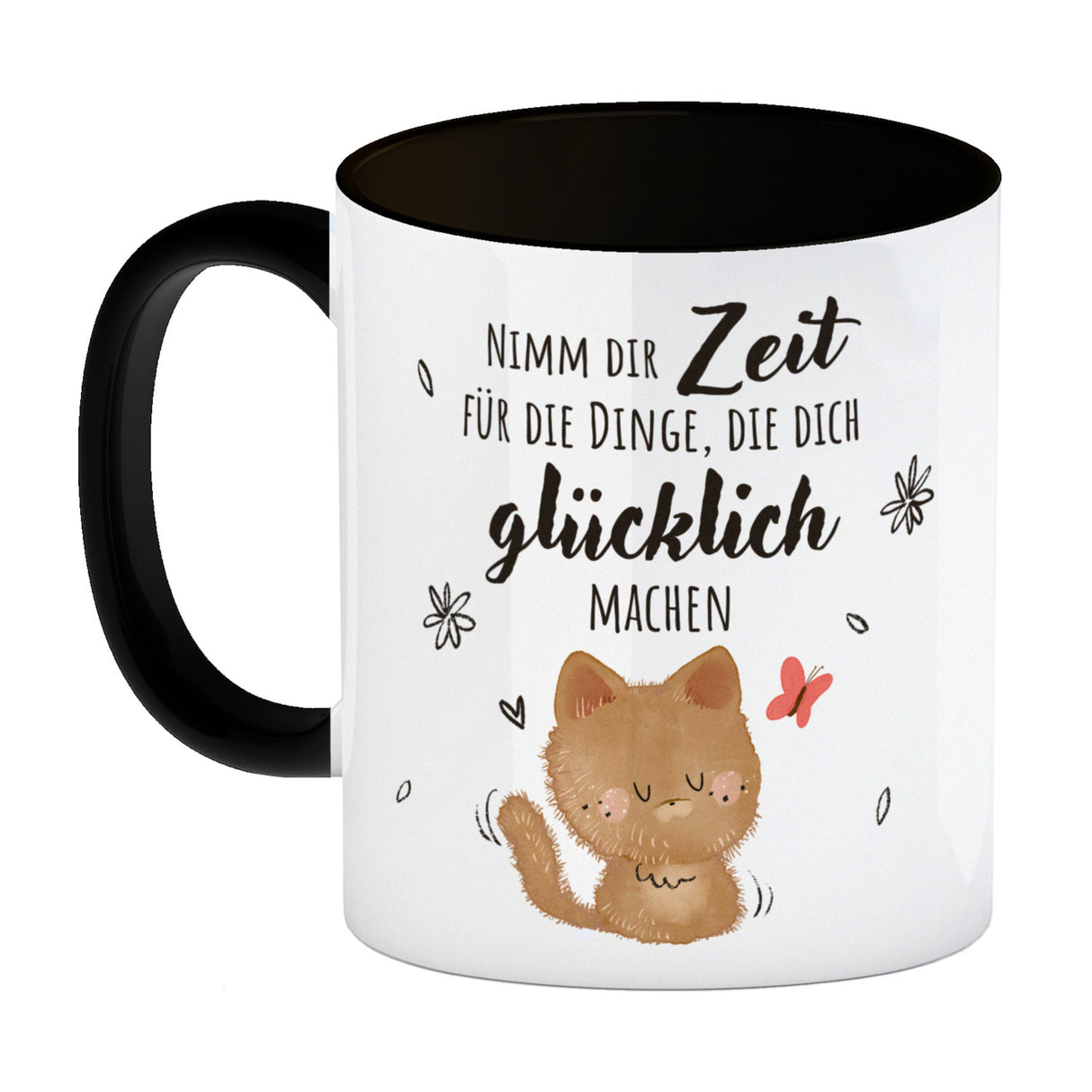 Katze Kaffeebecher mit Spruch Zeit für dein Glück nehmen