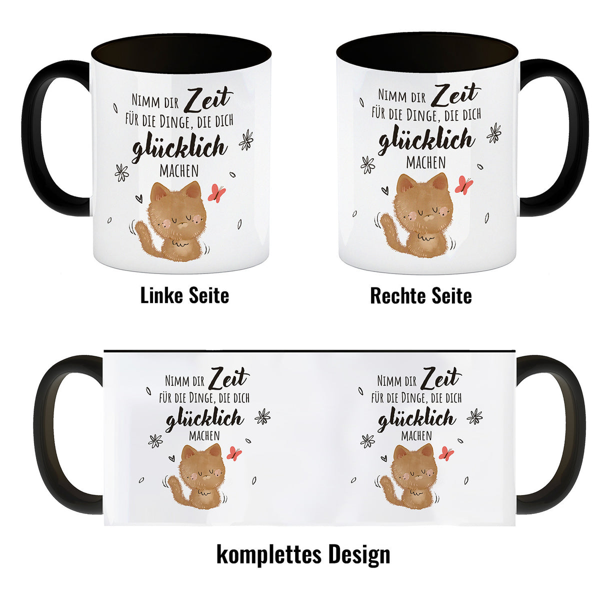 Katze Kaffeebecher mit Spruch Zeit für dein Glück nehmen