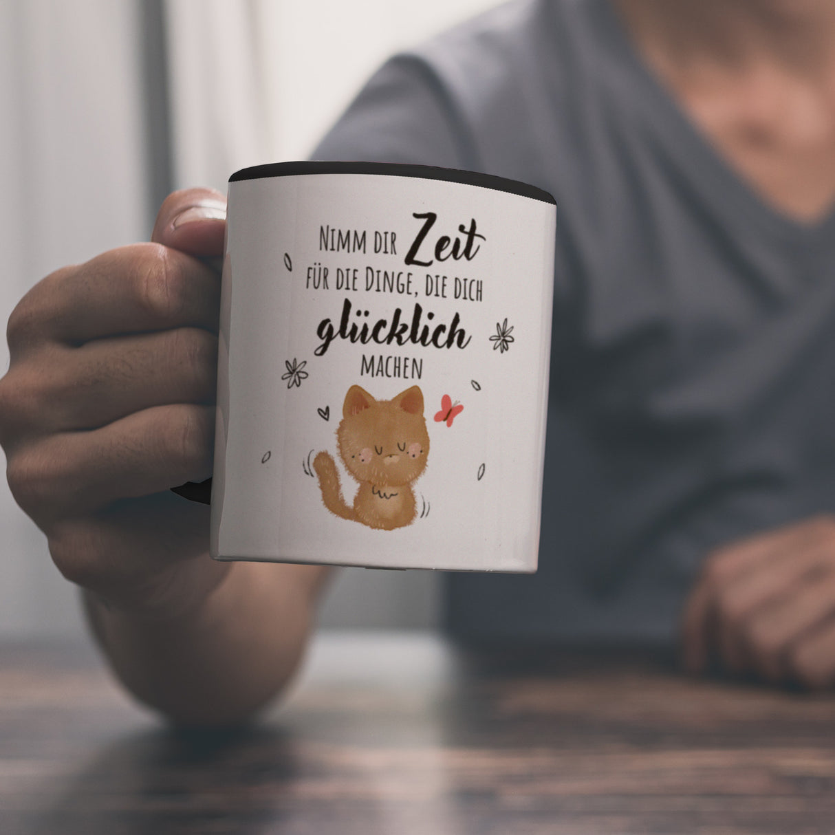 Katze Kaffeebecher mit Spruch Zeit für dein Glück nehmen