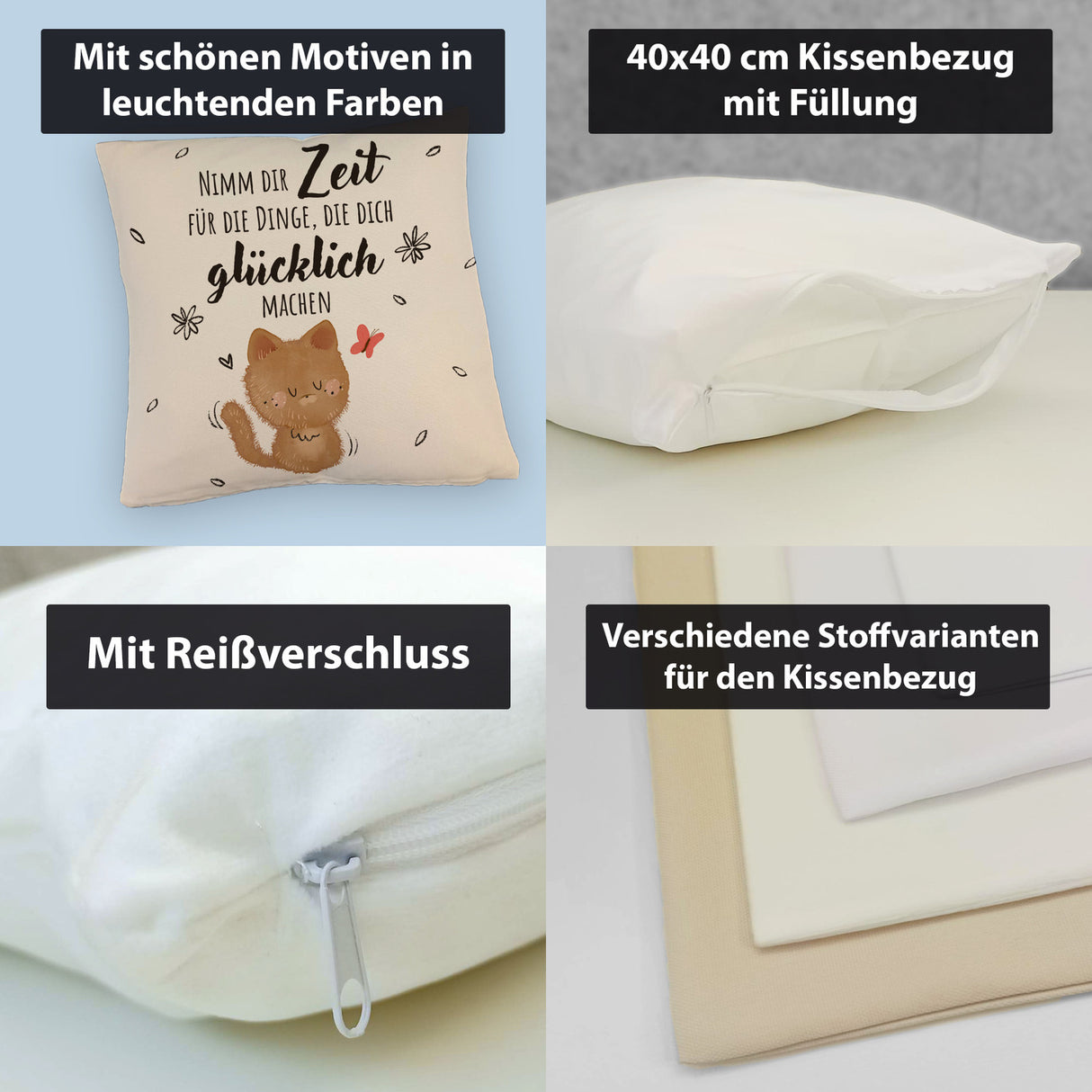 Katze Kissen mit Spruch Zeit für dein Glück nehmen