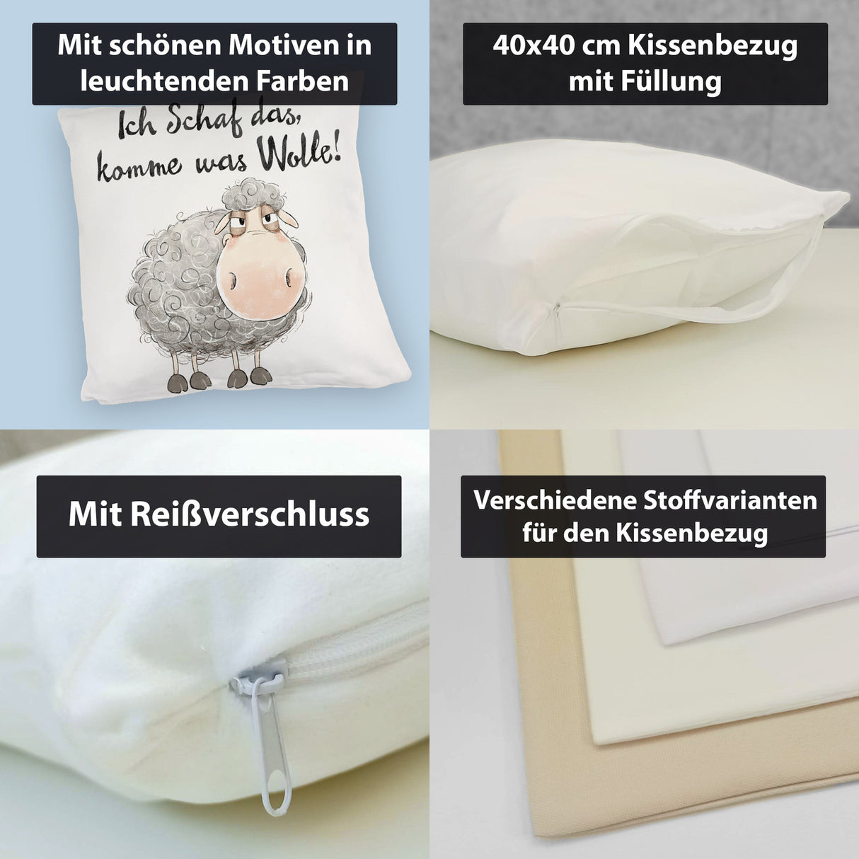 Schaf Kissen mit Spruch Ich Schaf das komme was Wolle
