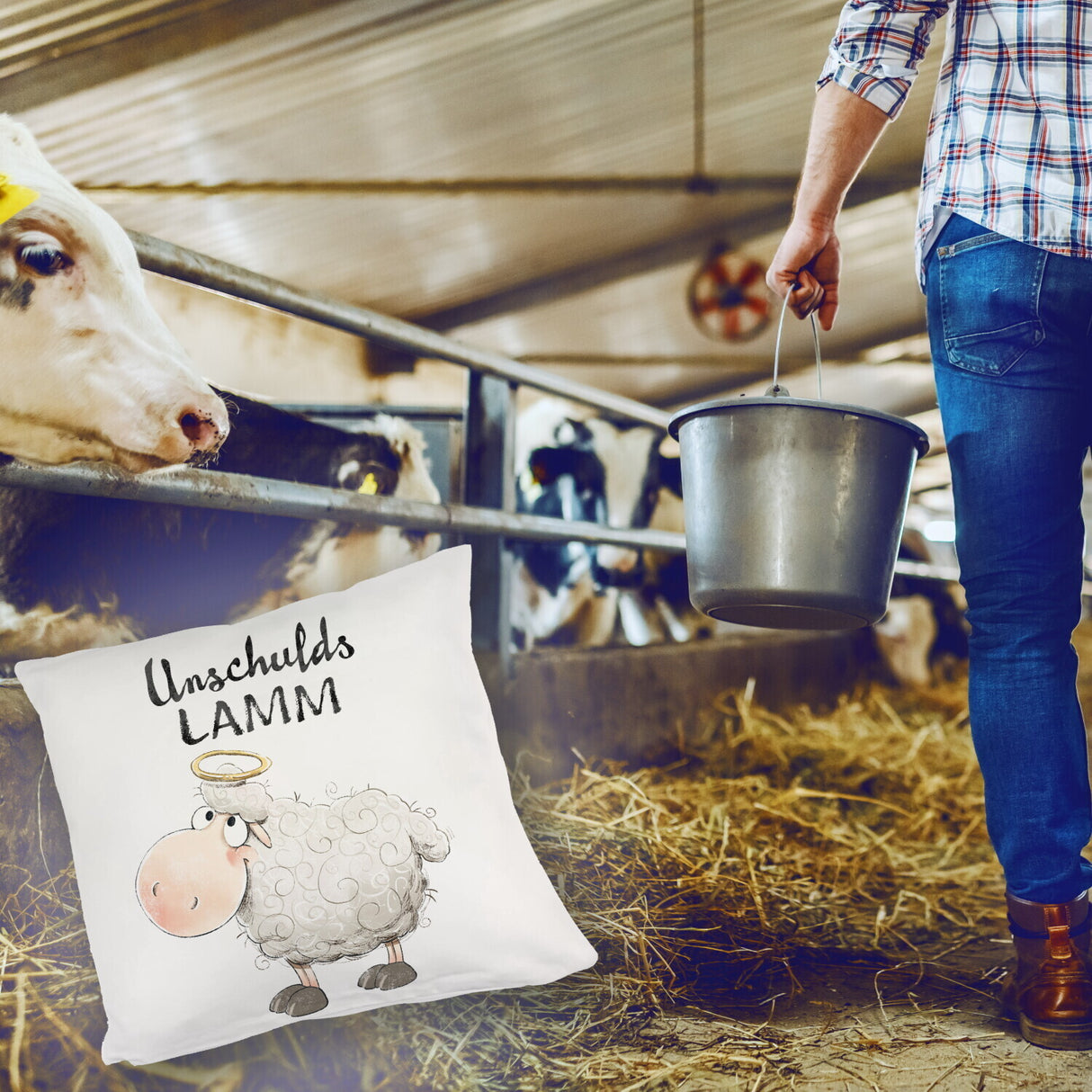 Schaf Kissen mit Spruch Unschuldslamm