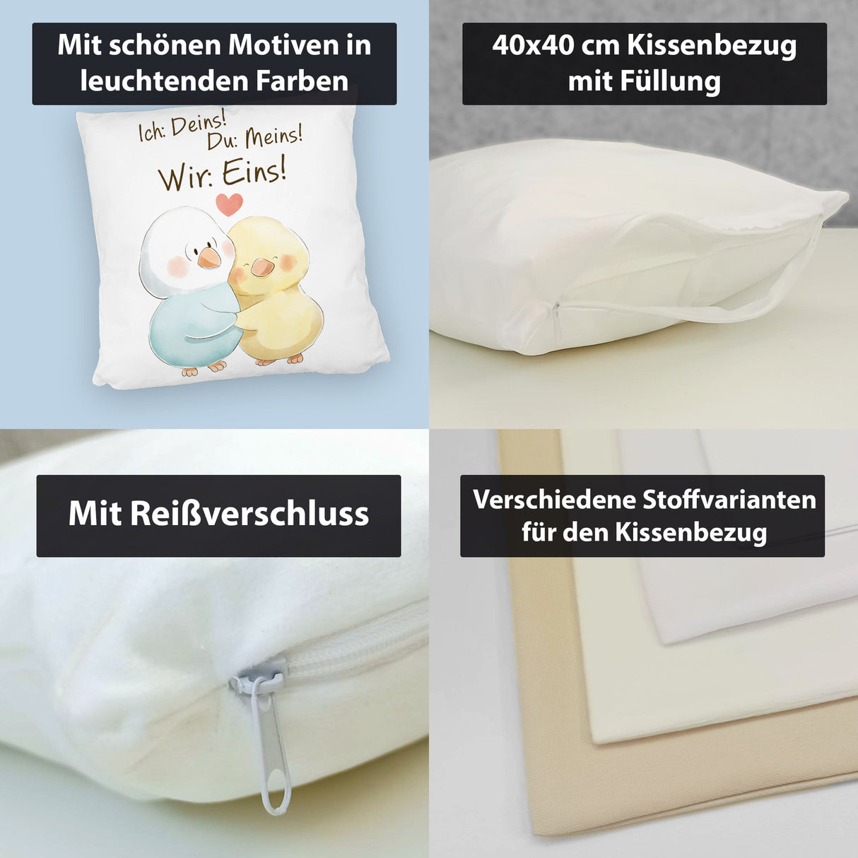Vogelpaar Kissen mit Spruch Ich Deins Du Meins Wir Eins
