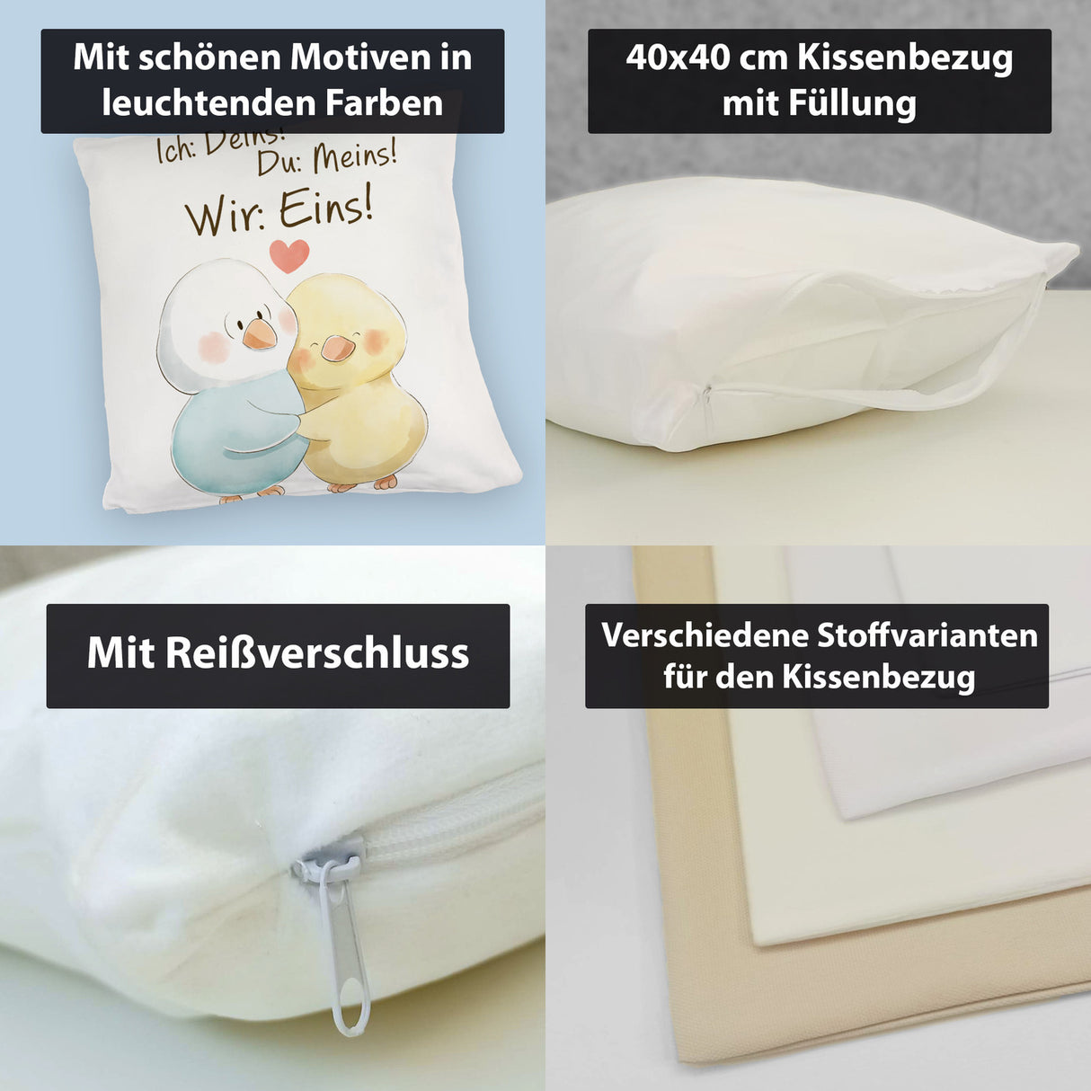 Vogelpaar Kissen mit Spruch Ich Deins Du Meins Wir Eins