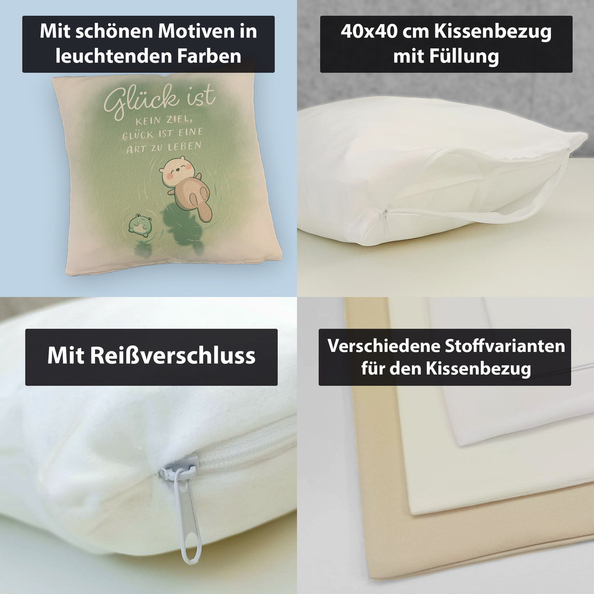 Otter und Frosch Kissen mit Spruch Glück ist Lebensart kein Ziel