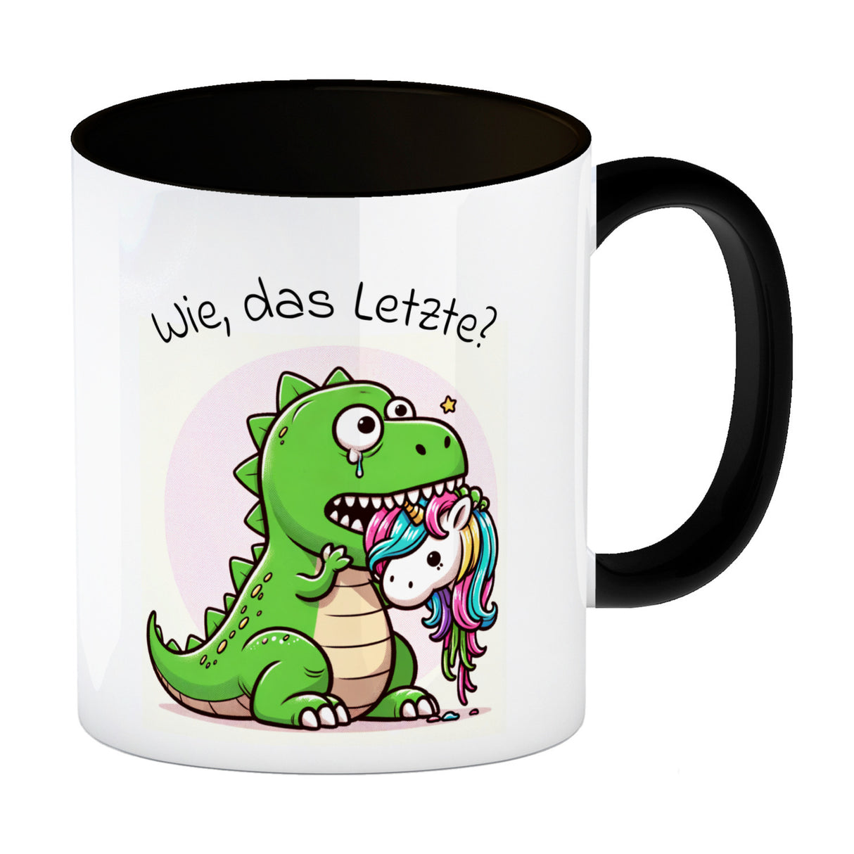 T-Rex Dinosaurier frisst Einhorn Kaffeebecher mit Spruch Wie das Letzte?