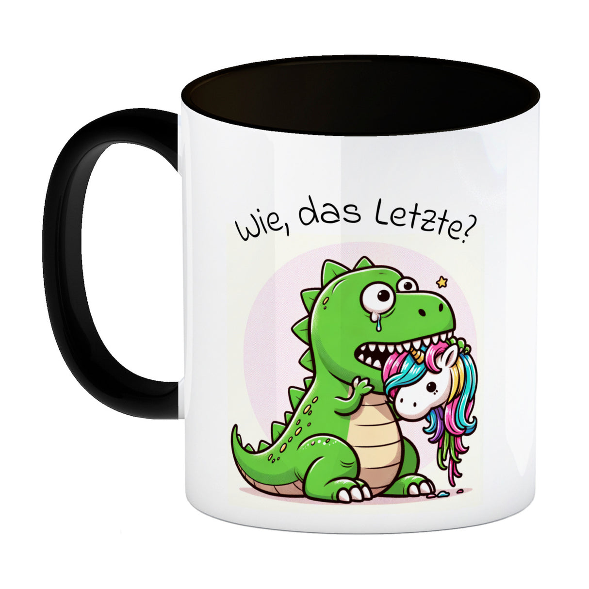 T-Rex Dinosaurier frisst Einhorn Kaffeebecher mit Spruch Wie das Letzte?