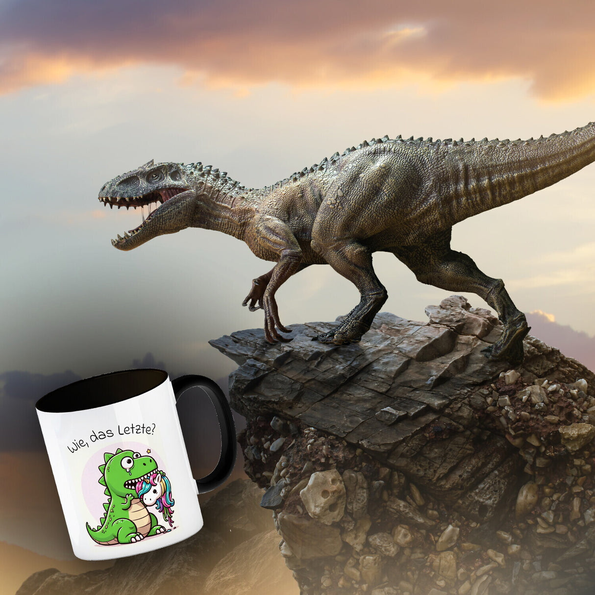 T-Rex Dinosaurier frisst Einhorn Kaffeebecher mit Spruch Wie das Letzte?