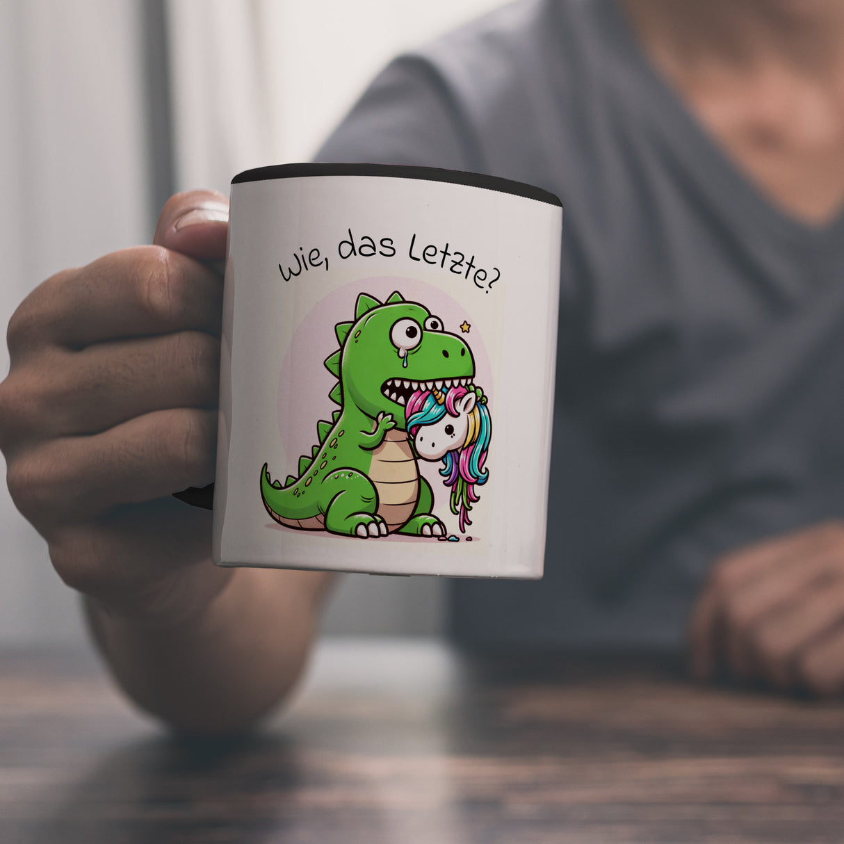 T-Rex Dinosaurier frisst Einhorn Kaffeebecher mit Spruch Wie das Letzte?