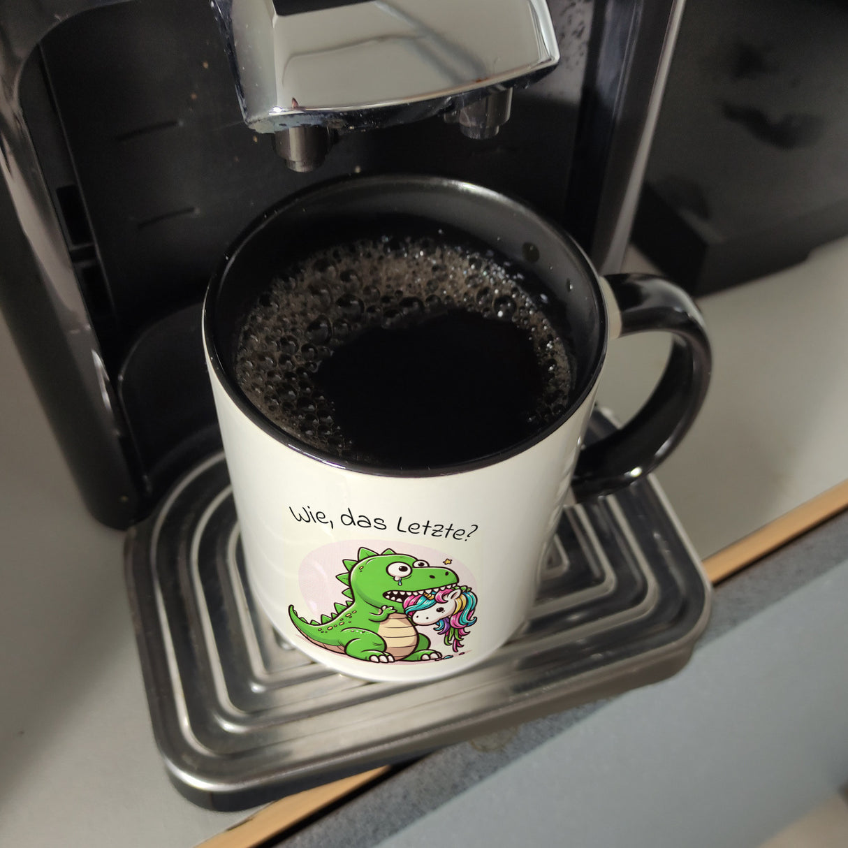 T-Rex Dinosaurier frisst Einhorn Kaffeebecher mit Spruch Wie das Letzte?