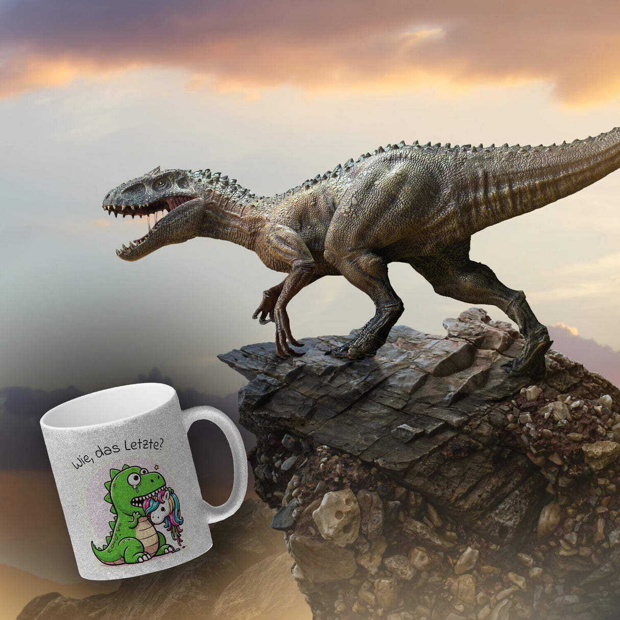 T-Rex Dinosaurier frisst Einhorn Kaffeebecher mit Spruch Wie das Letzte?
