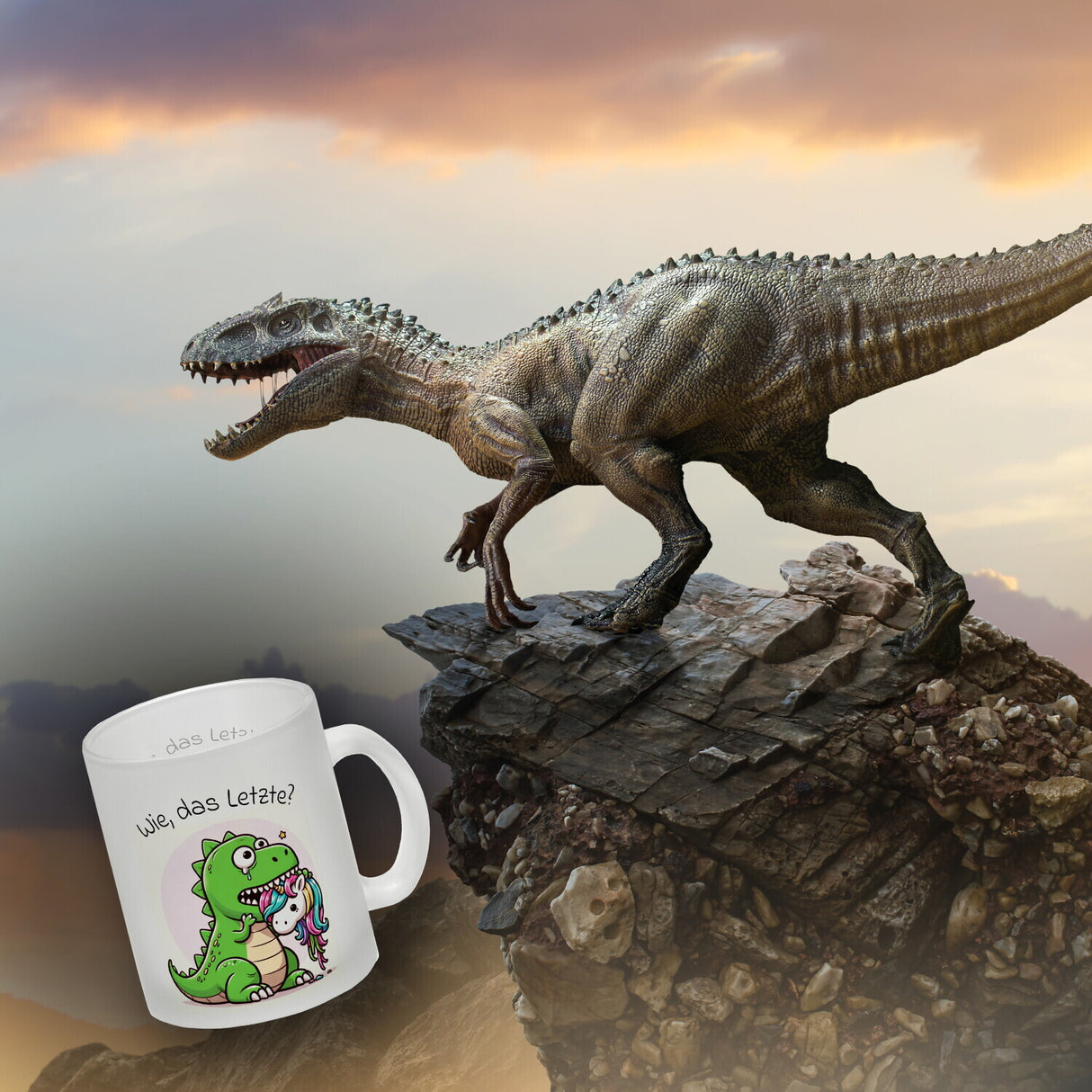 T-Rex Dinosaurier frisst Einhorn Kaffeebecher mit Spruch Wie das Letzte?