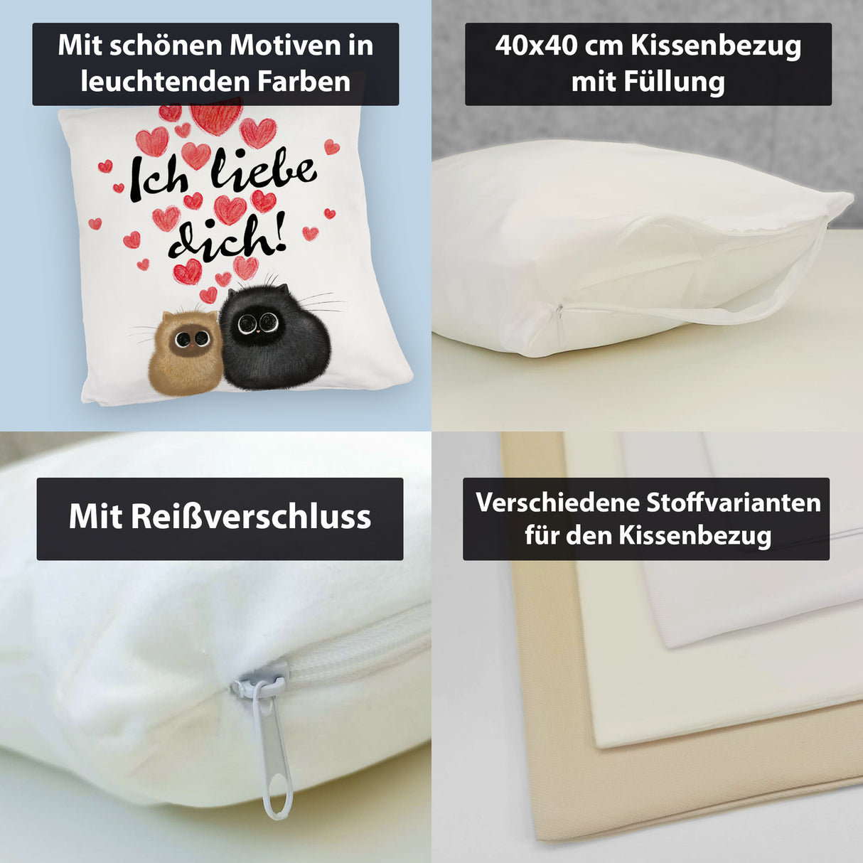 Knuffige Katzen Kissen mit Spruch Ich liebe dich
