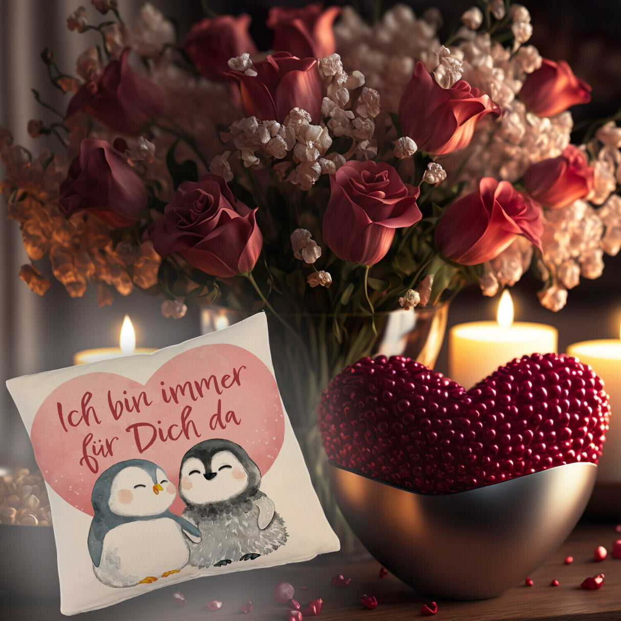 Pinguin Paar Kissen mit Spruch Ich bin immer für dich da