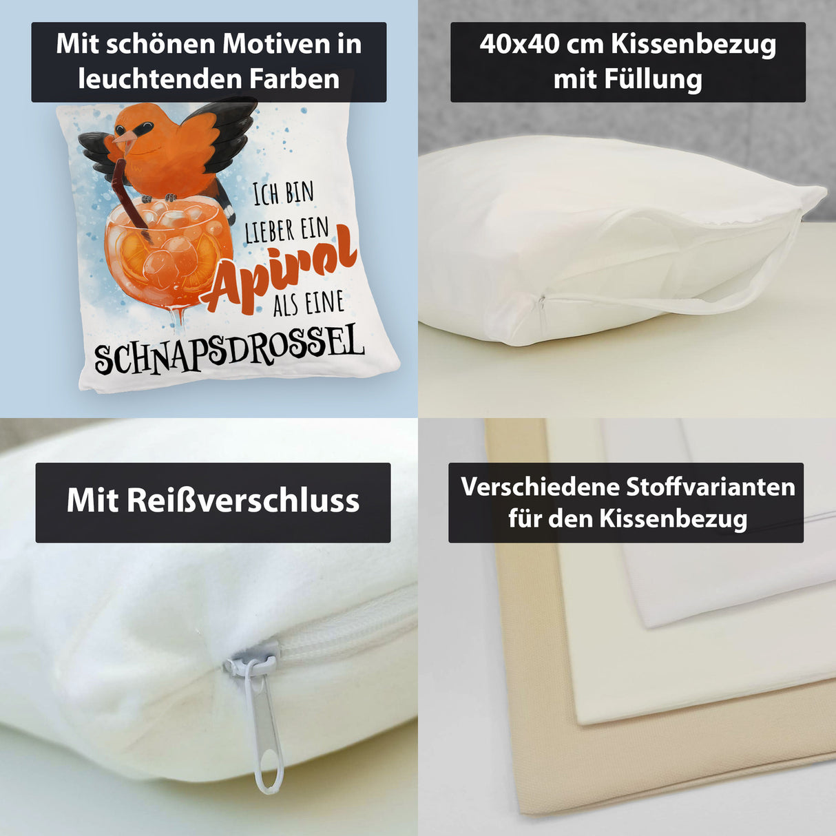 Cocktail Vogel Pirol Kissen mit Spruch Lieber Apirol als Schnapsdrossel