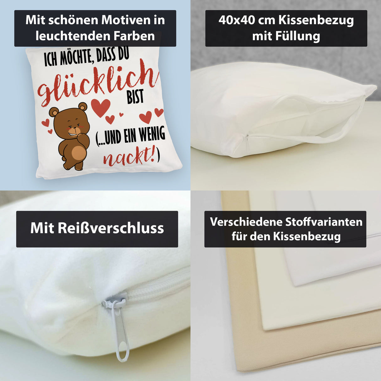 Knuddelbär Kissen mit Spruch Strebe nach Glück und Nacktheit