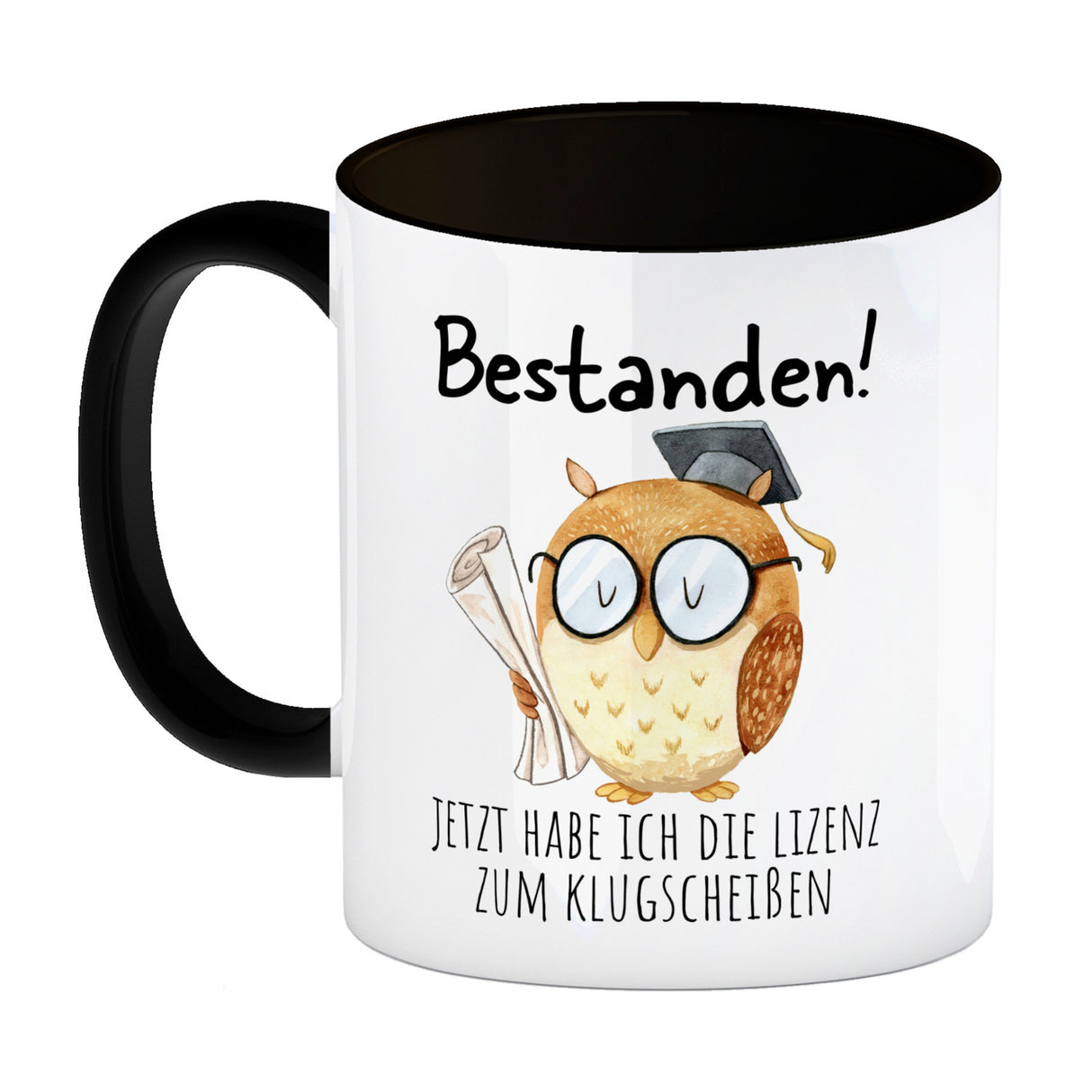 Bestandene Prüfung Eule Kaffeebecher mit Spruch Lizenz zum Klugscheißen