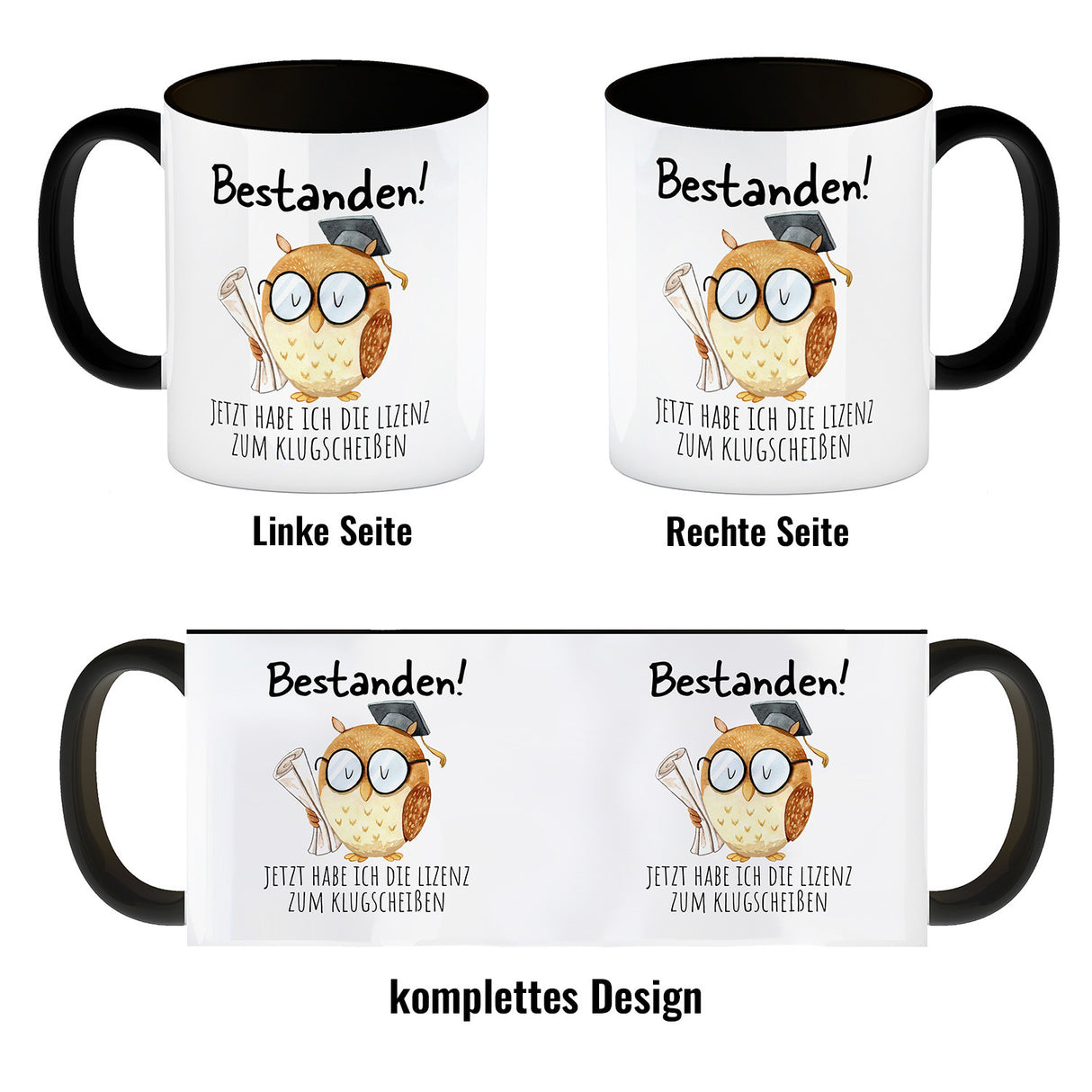 Bestandene Prüfung Eule Kaffeebecher mit Spruch Lizenz zum Klugscheißen