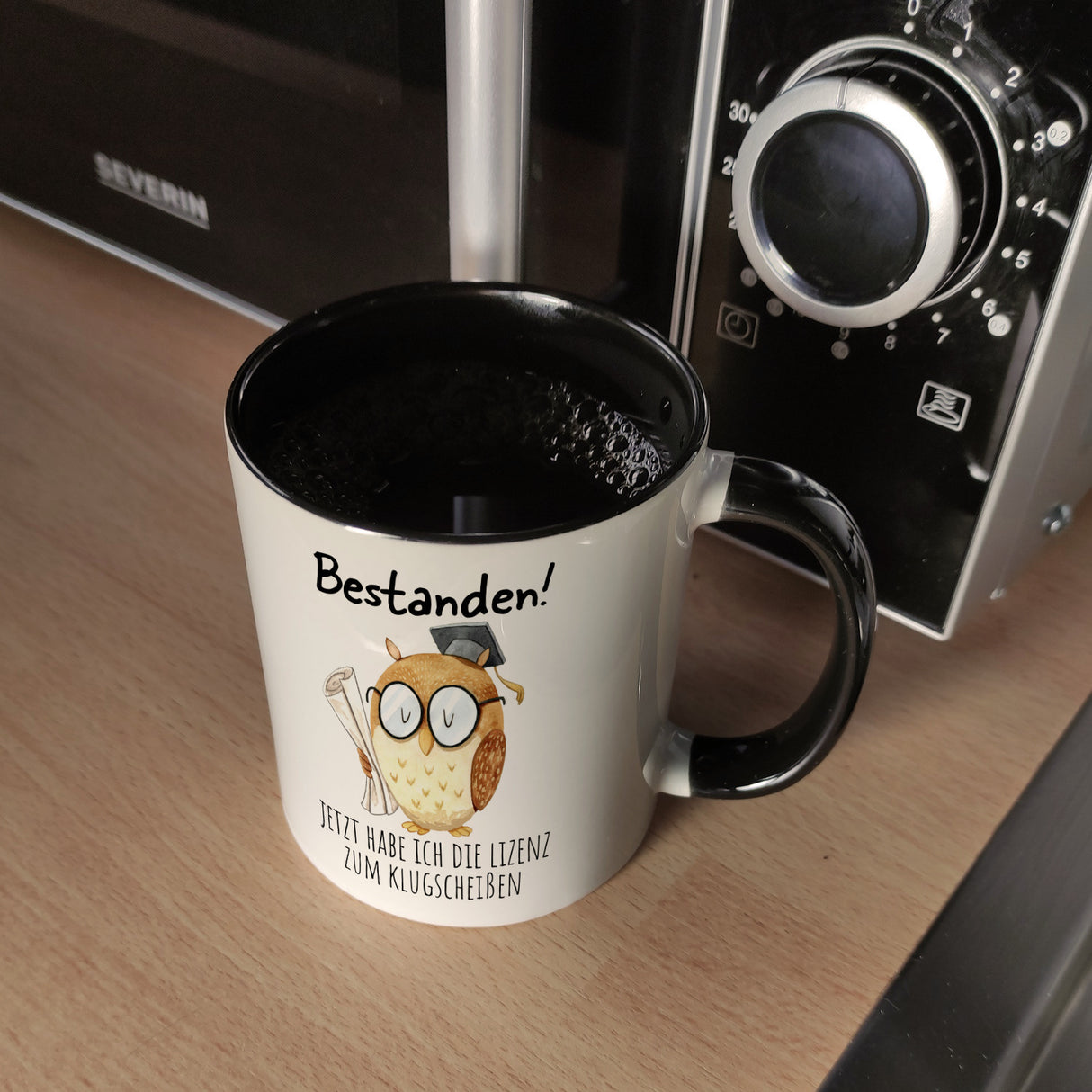 Bestandene Prüfung Eule Kaffeebecher mit Spruch Lizenz zum Klugscheißen