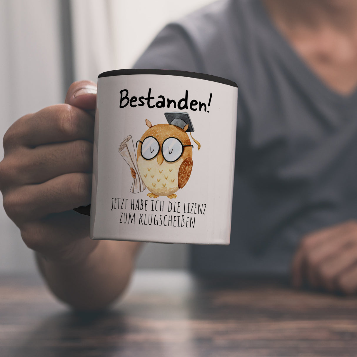 Bestandene Prüfung Eule Kaffeebecher mit Spruch Lizenz zum Klugscheißen