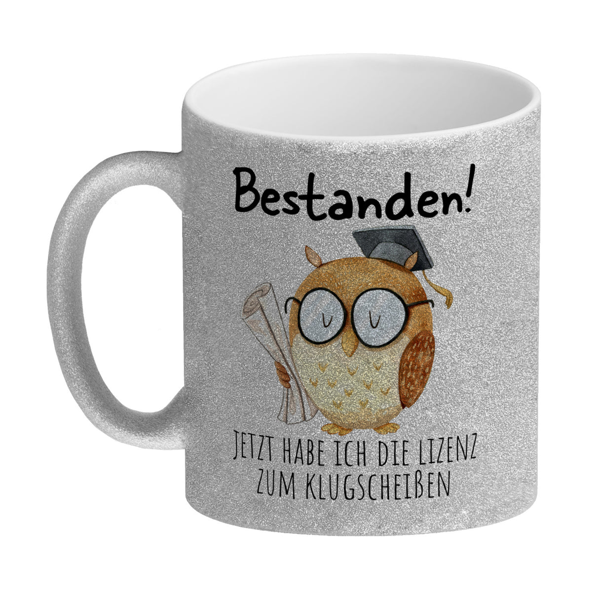 Bestandene Prüfung Eule Kaffeebecher mit Spruch Lizenz zum Klugscheißen