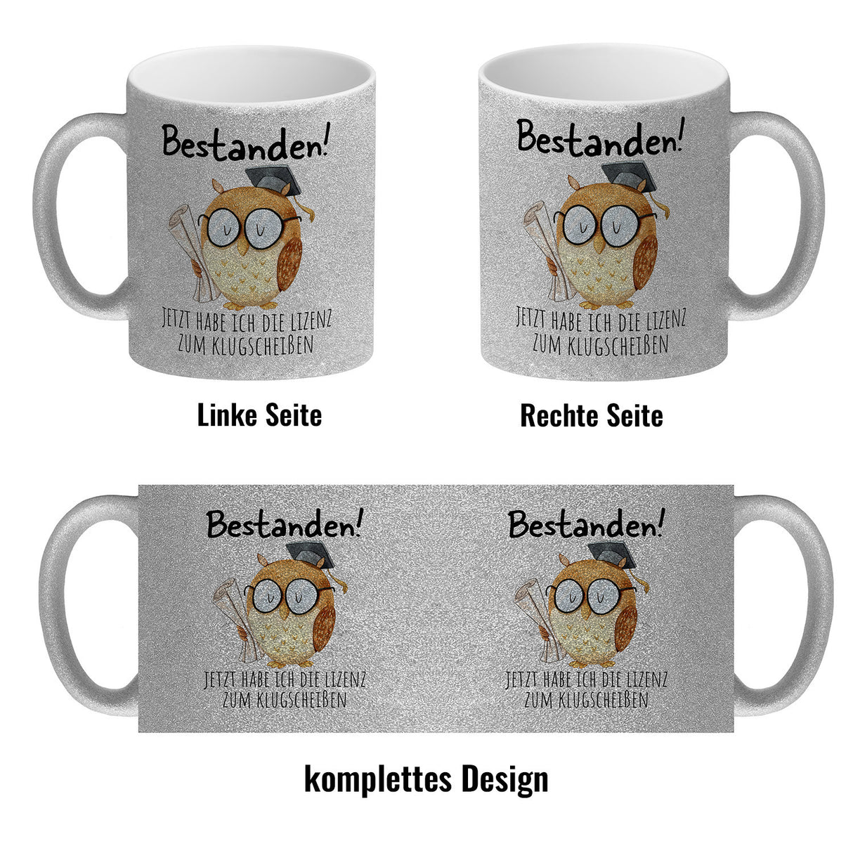 Bestandene Prüfung Eule Kaffeebecher mit Spruch Lizenz zum Klugscheißen