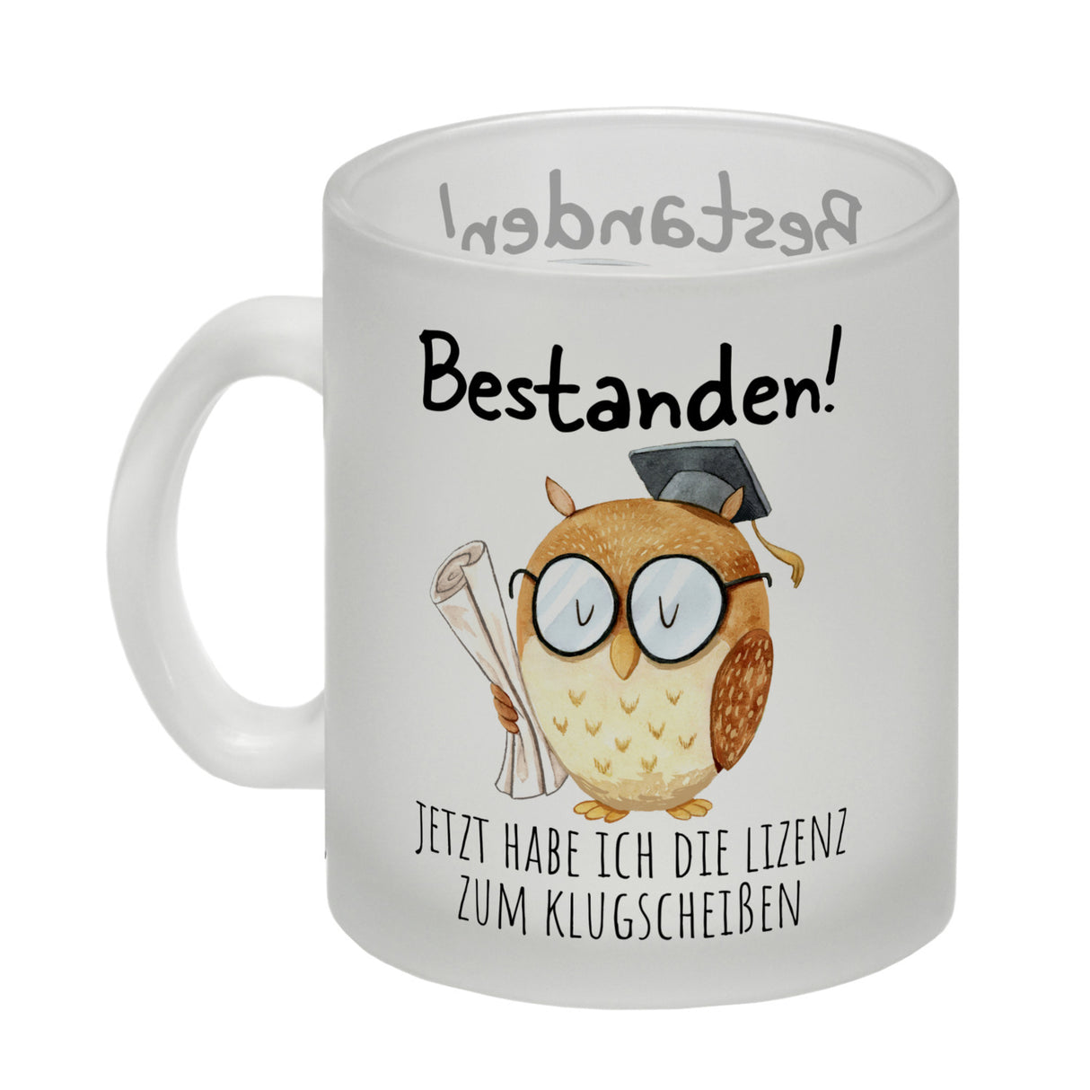 Bestandene Prüfung Eule Kaffeebecher mit Spruch Lizenz zum Klugscheißen