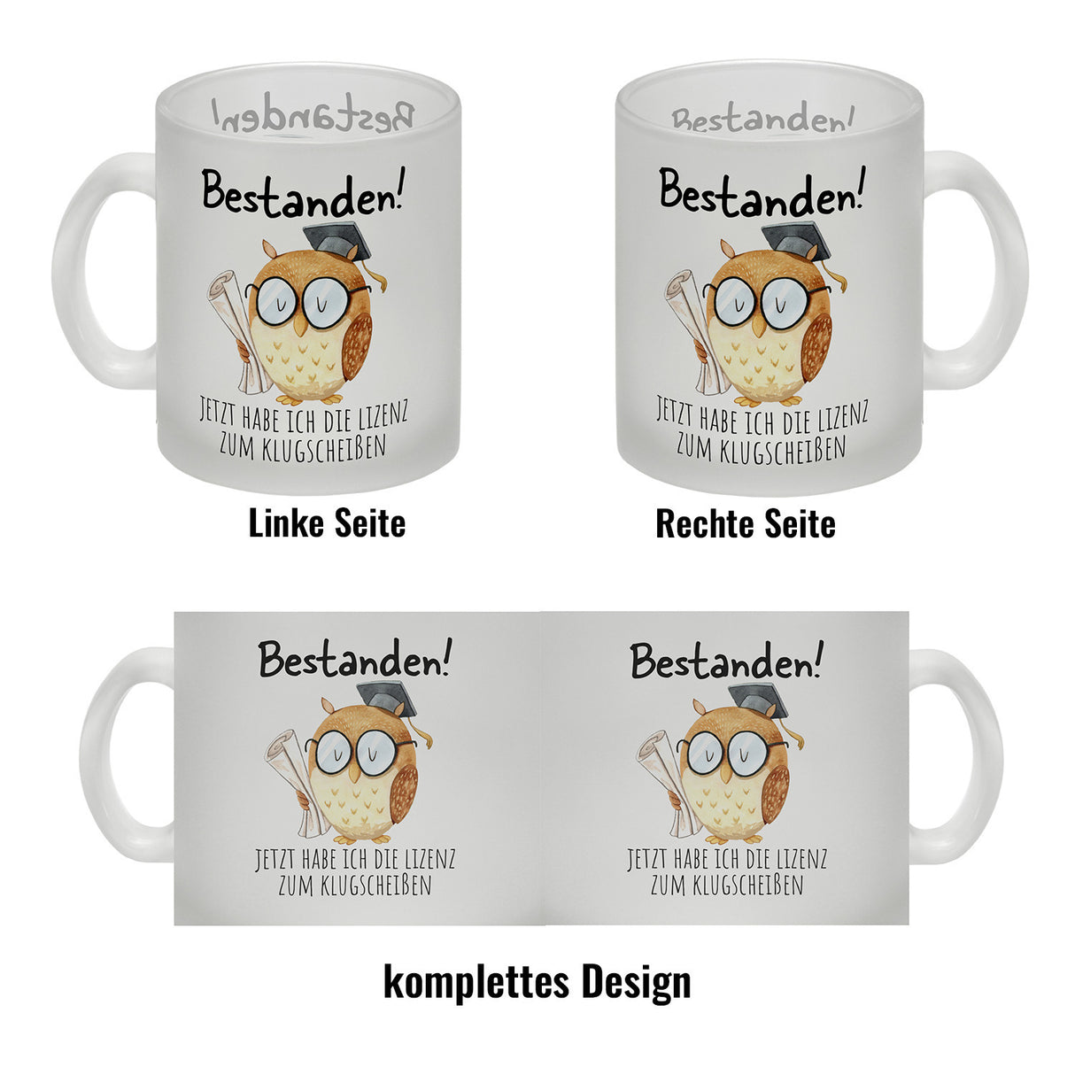 Bestandene Prüfung Eule Kaffeebecher mit Spruch Lizenz zum Klugscheißen