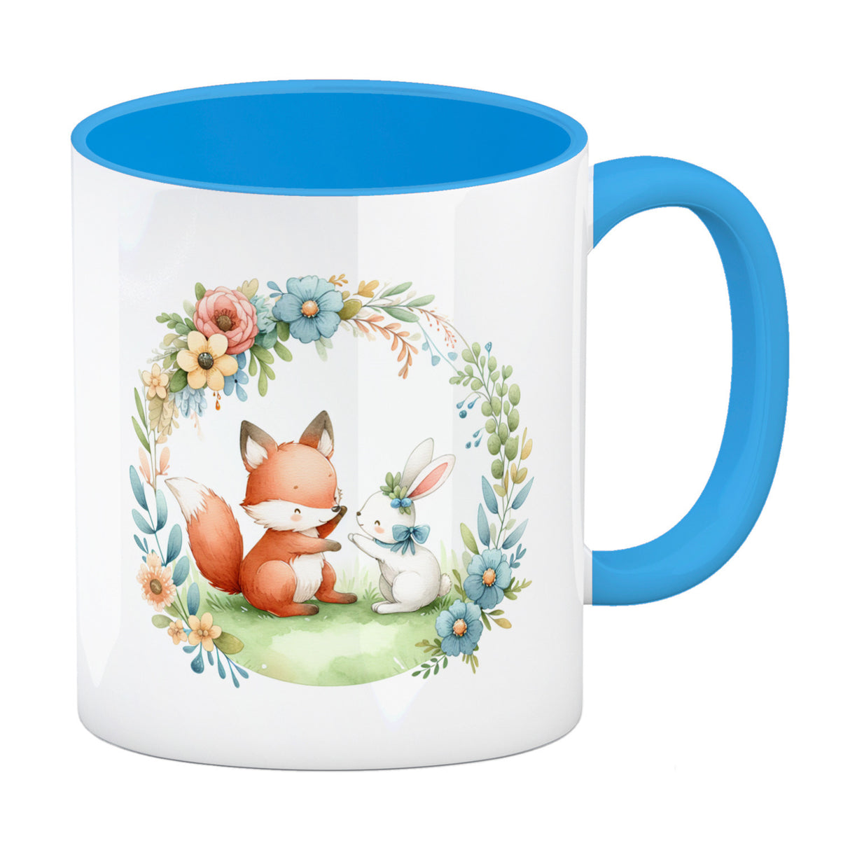 Fuchs und Hase mit Blumenkranz Kaffeebecher