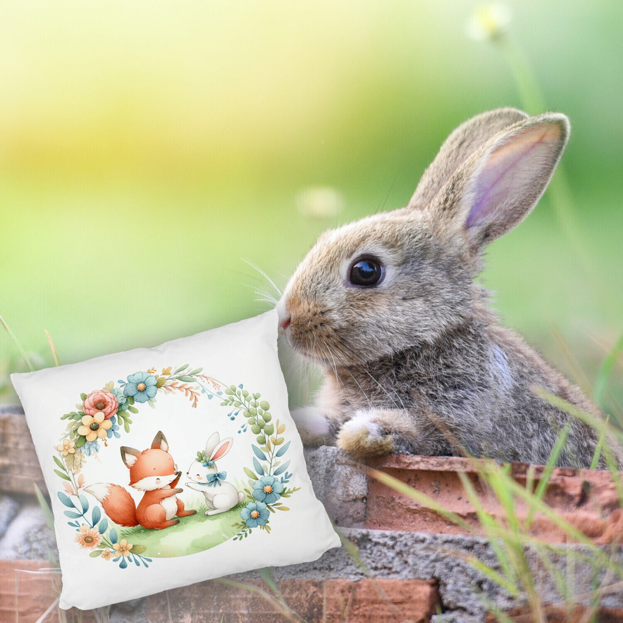 Fuchs und Hase mit Blumenkranz Kissen