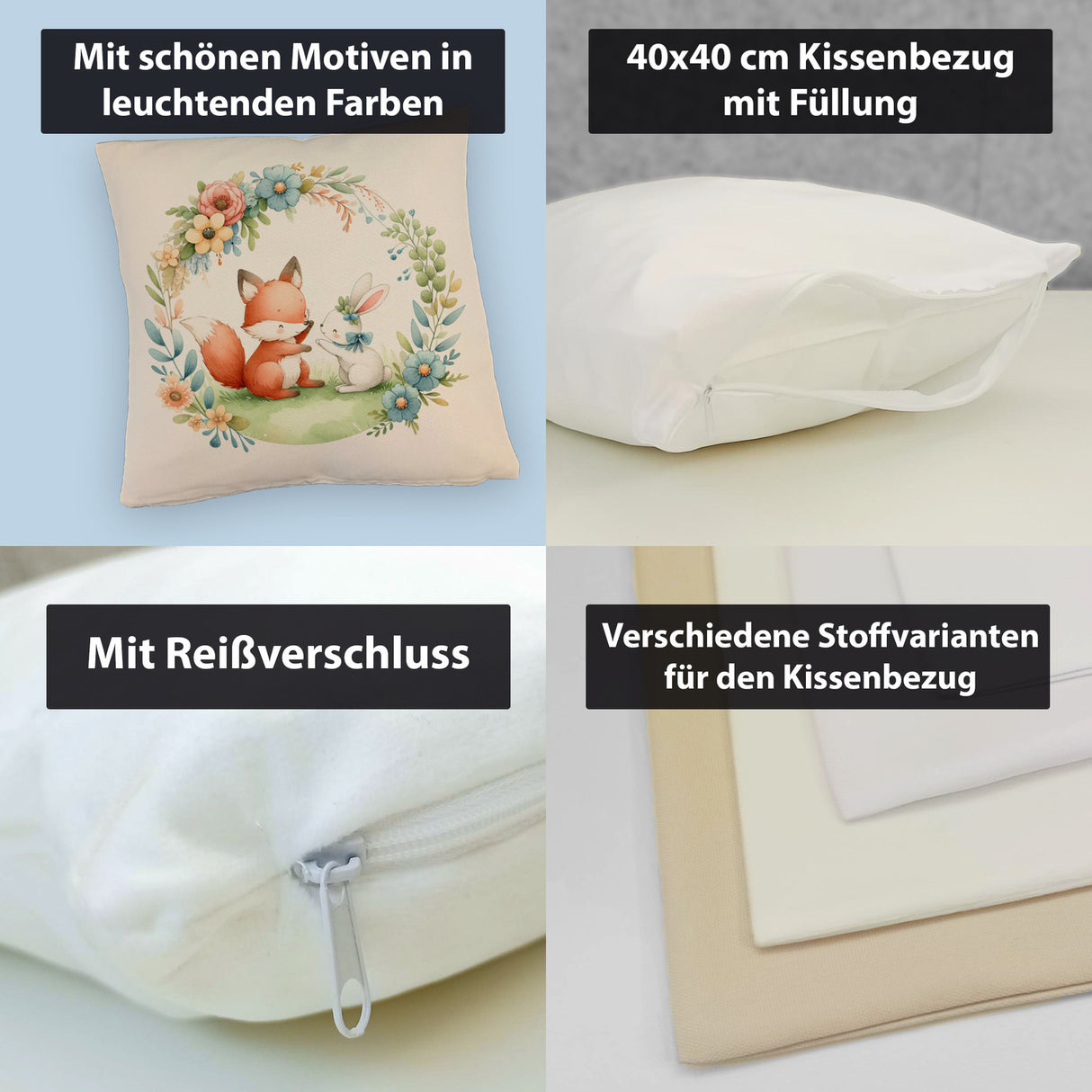 Fuchs und Hase mit Blumenkranz Kissen