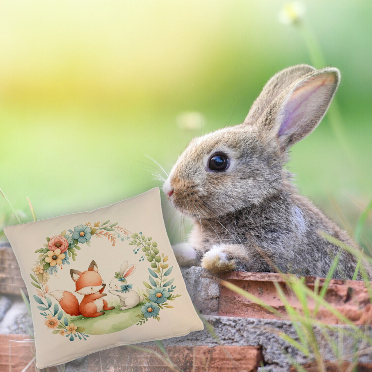 Fuchs und Hase mit Blumenkranz Kissen