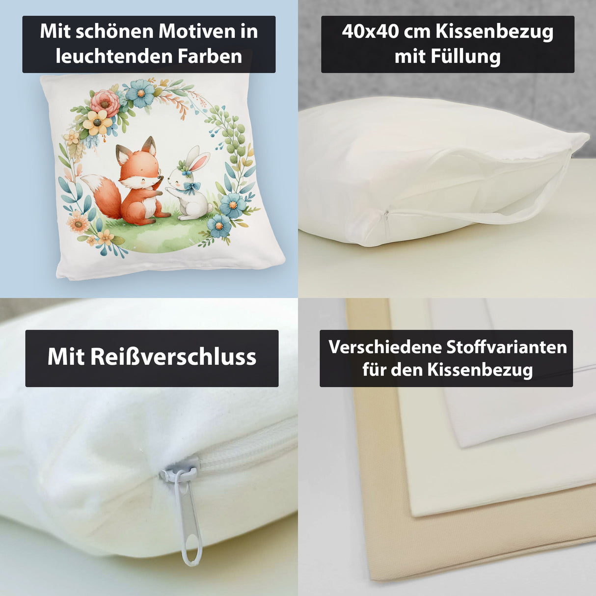 Fuchs und Hase mit Blumenkranz Kissen