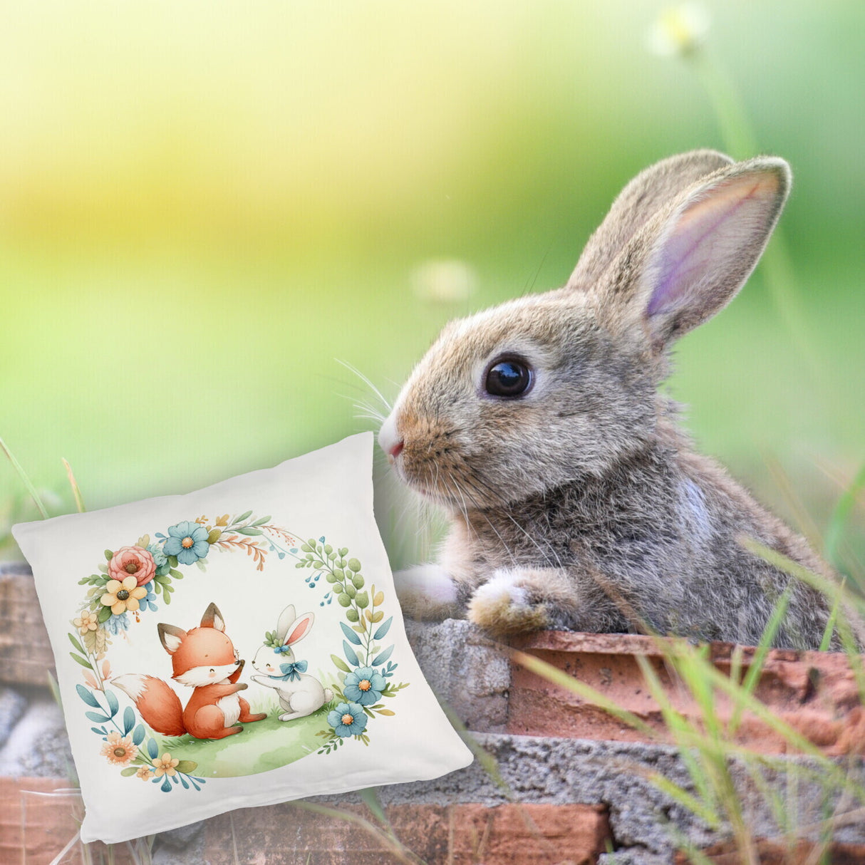Fuchs und Hase mit Blumenkranz Kissen