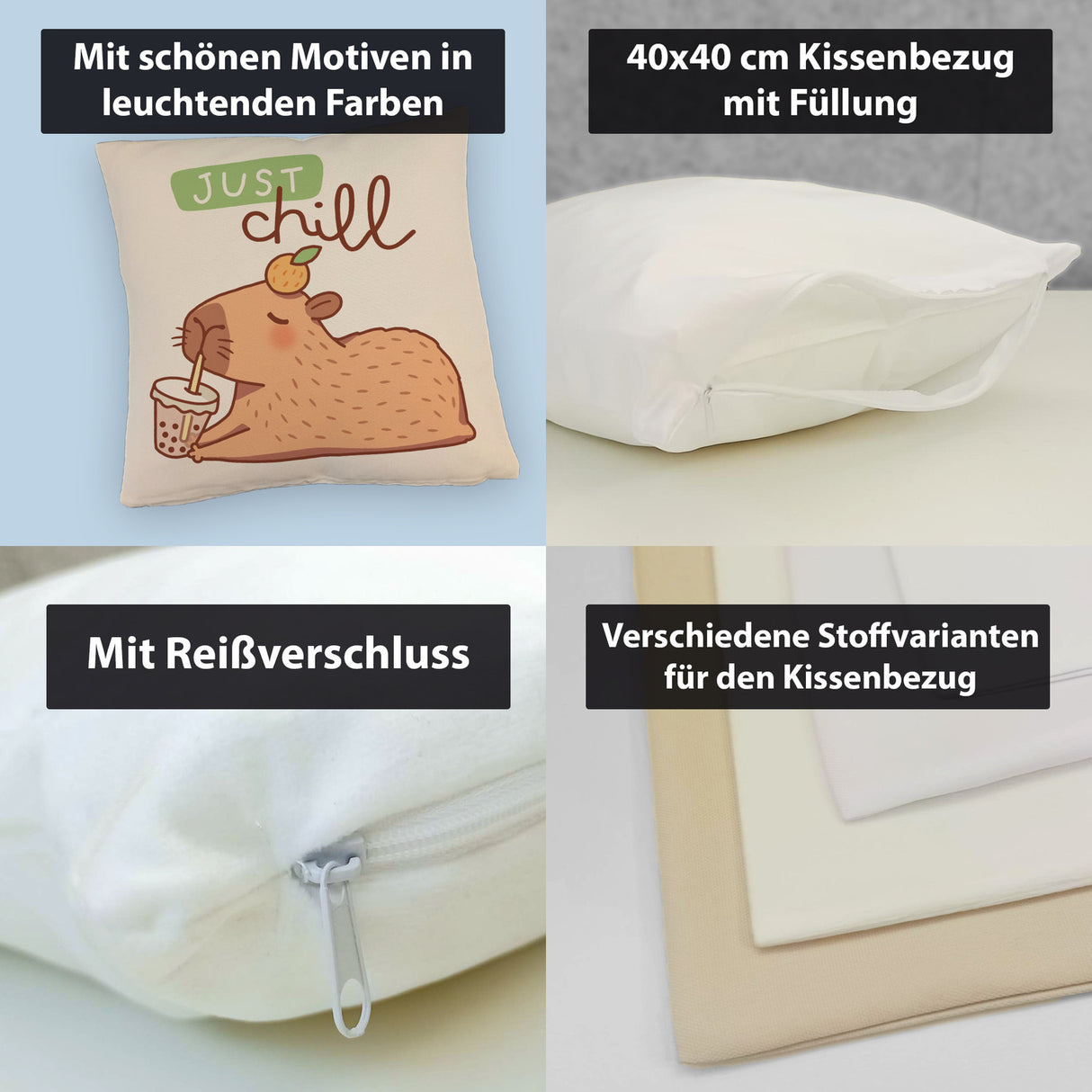 Capybara mit Bubble Tea Kissen mit Spruch Just Chill