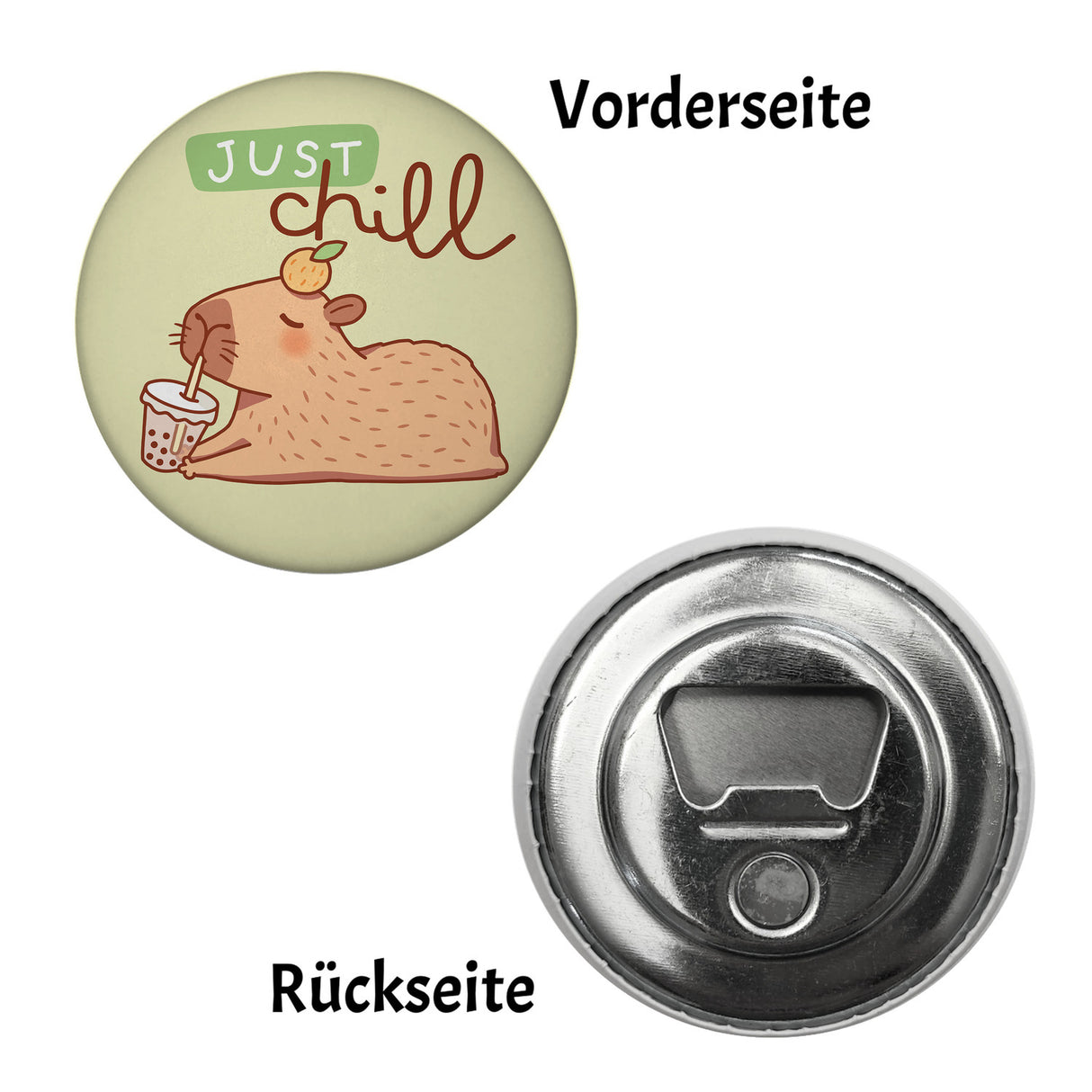 Capybara mit Bubble Tea Magnet rund rund mit Spruch Just Chill