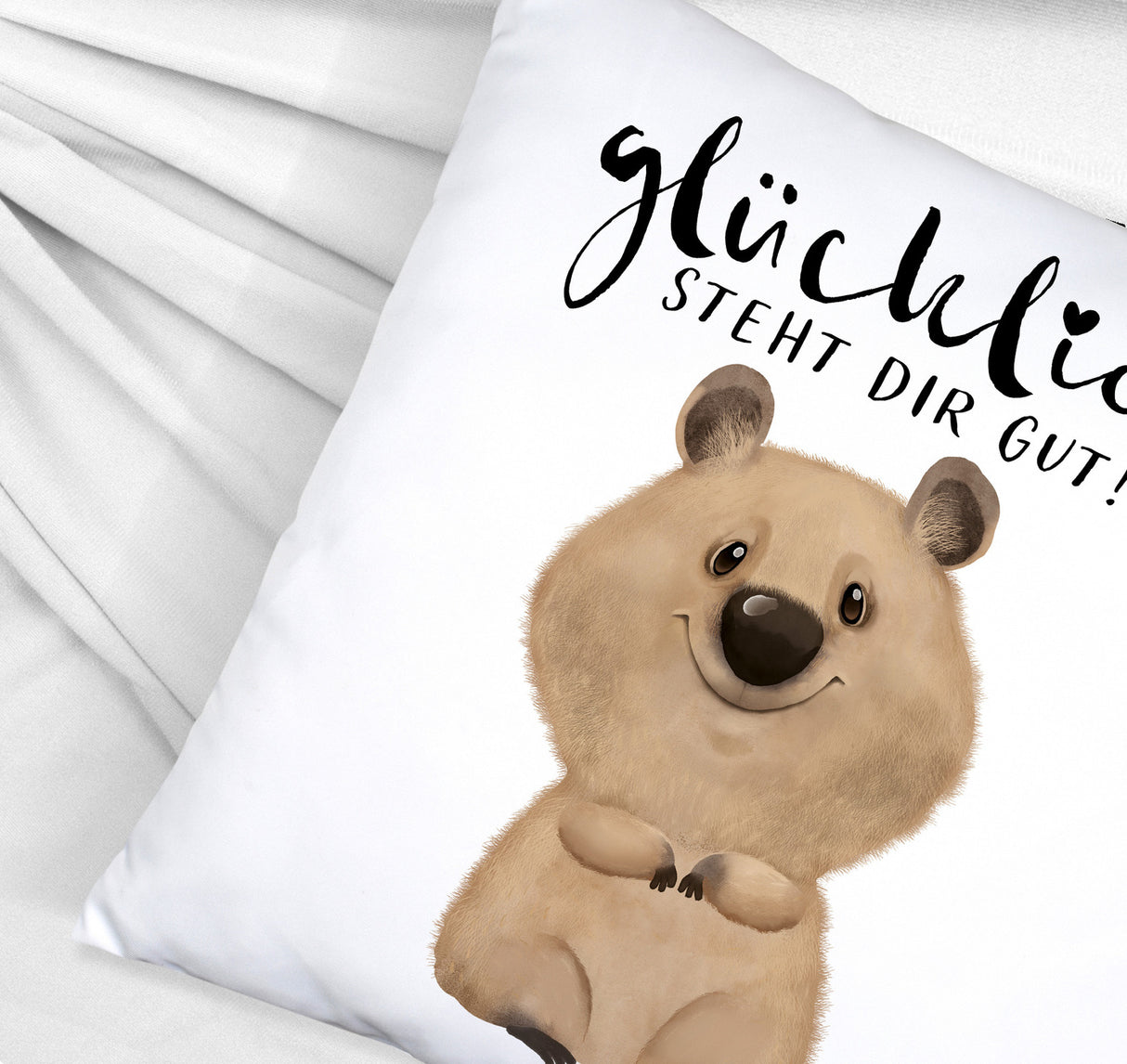 Quokka Kissen mit Spruch Glücklich steht dir gut