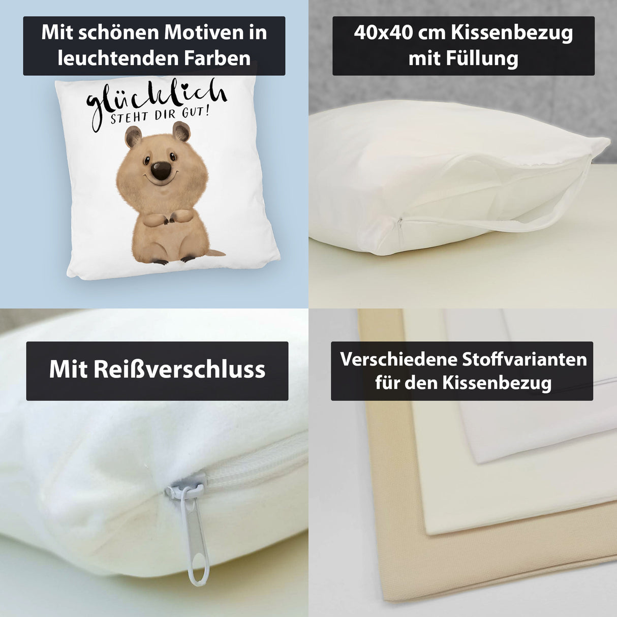 Quokka Kissen mit Spruch Glücklich steht dir gut