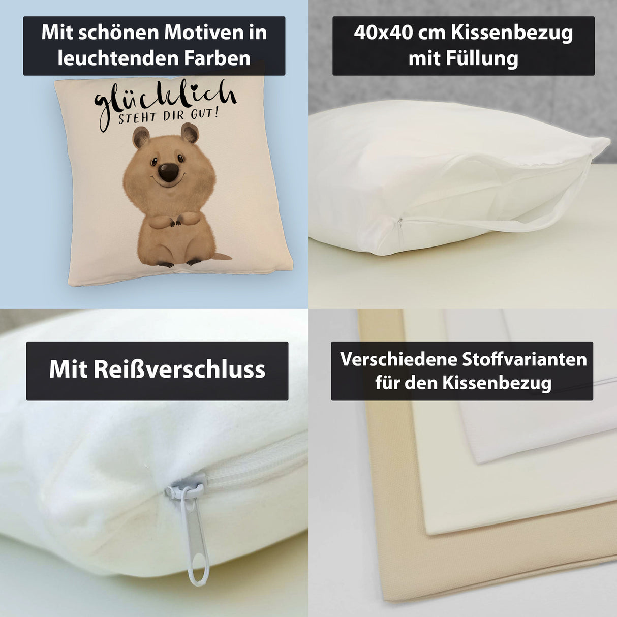 Quokka Kissen mit Spruch Glücklich steht dir gut